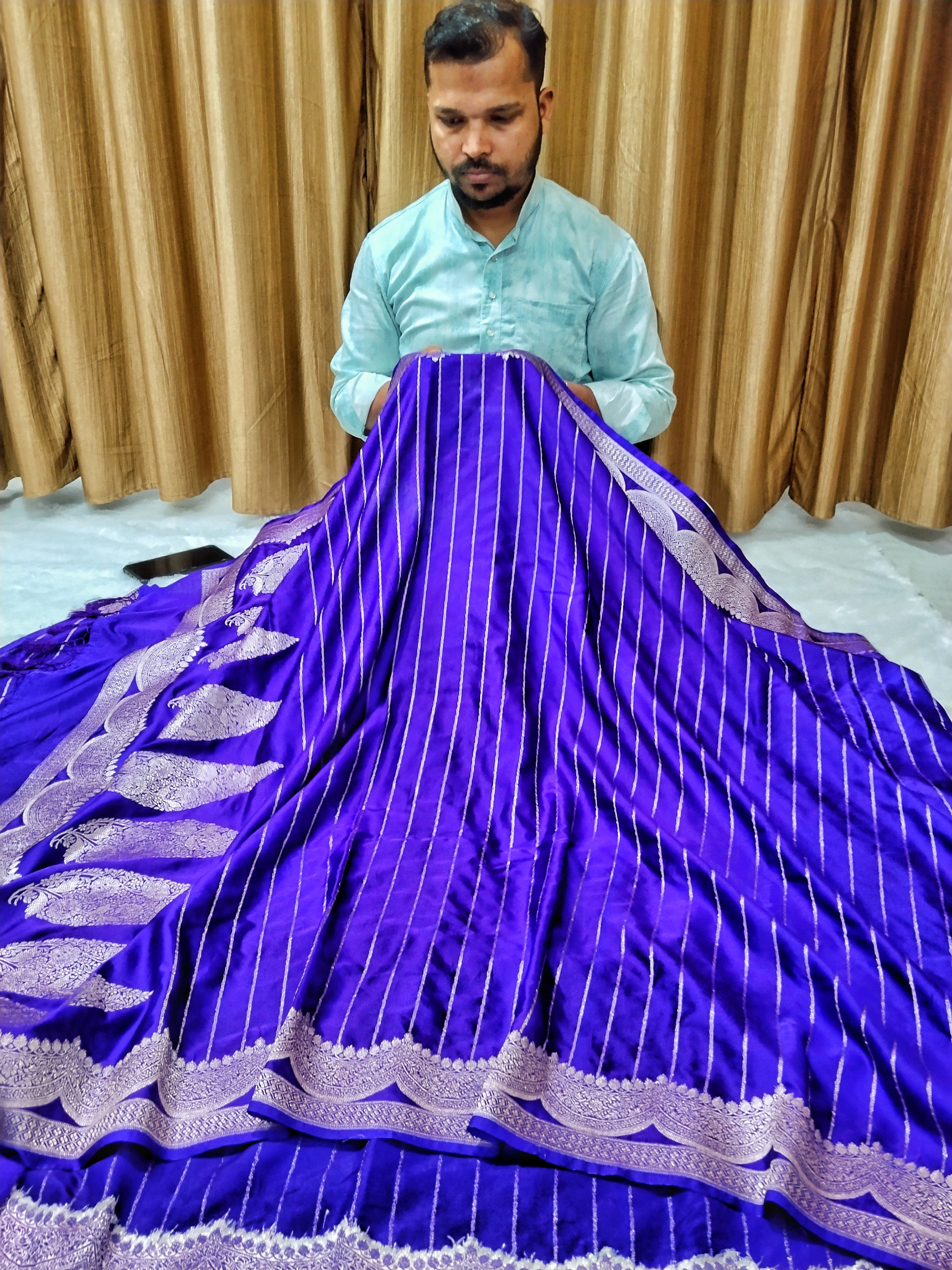 Violet Colour Banarasi Mashru Silk Saree With Strip Design