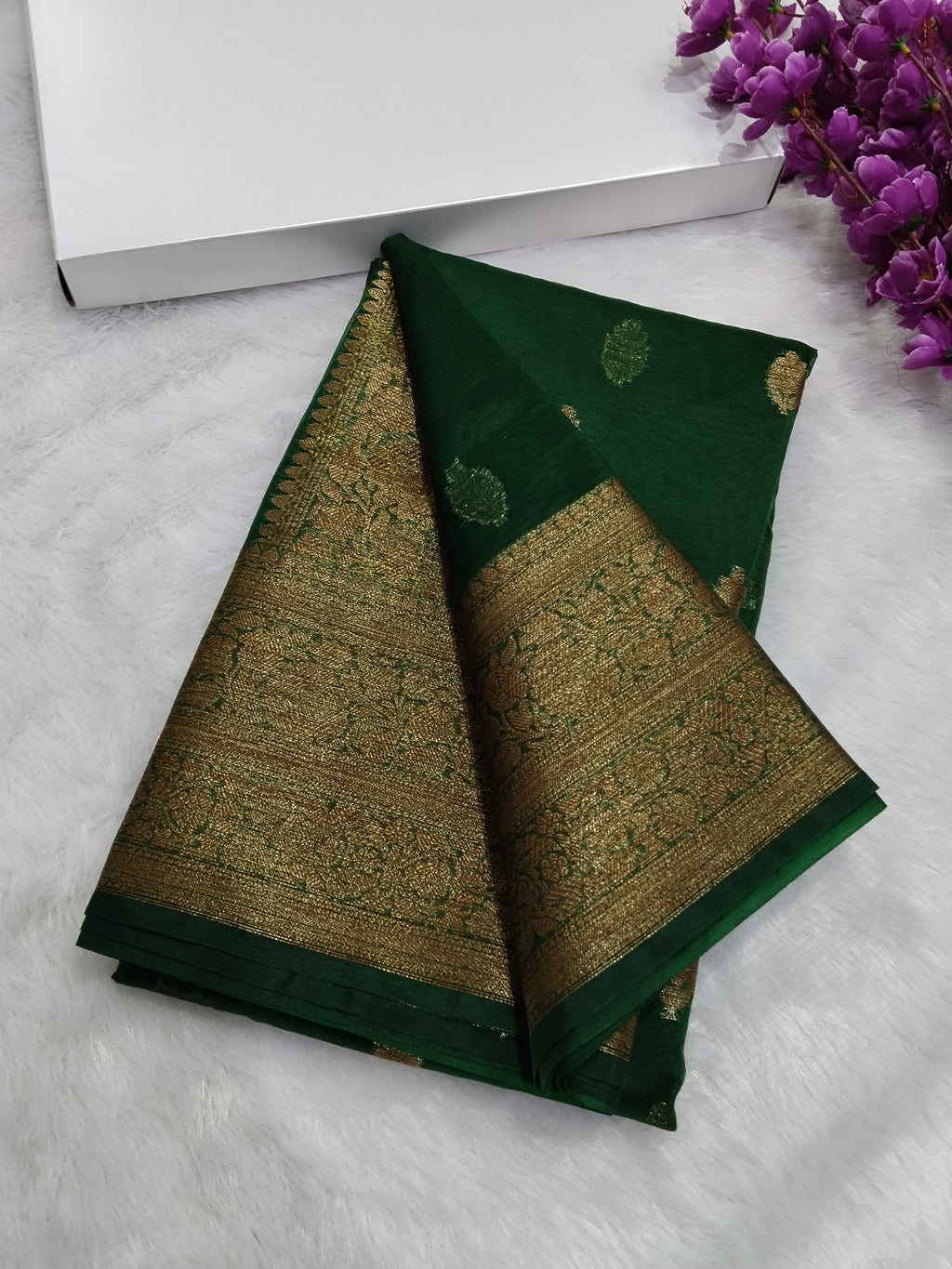 Bottle Green Colour Banarasi Kora Organza Saree