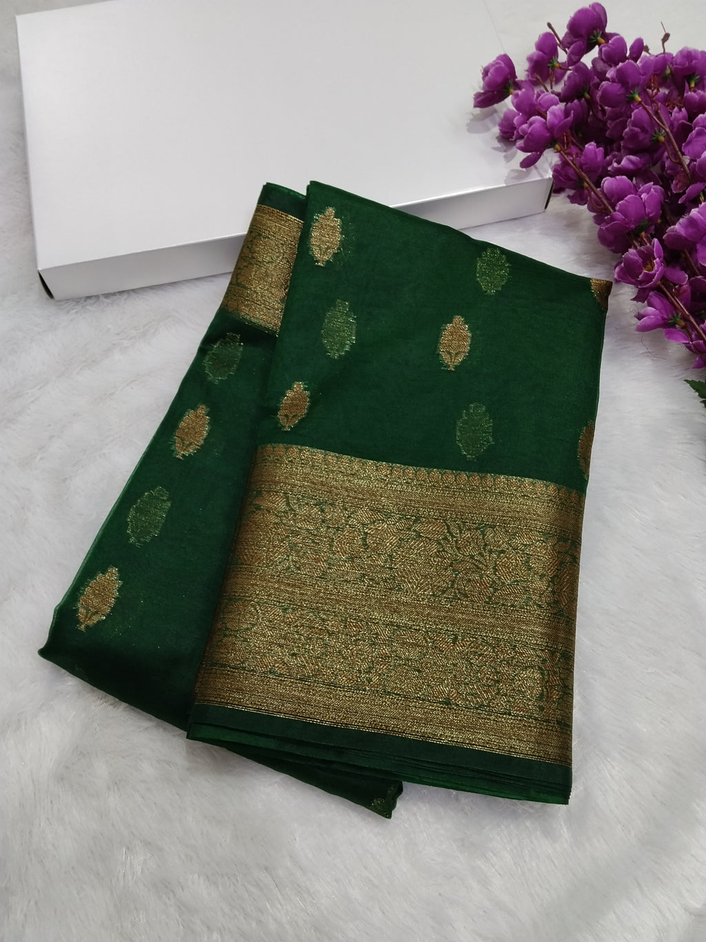 Bottle Green Colour Banarasi Kora Organza Saree