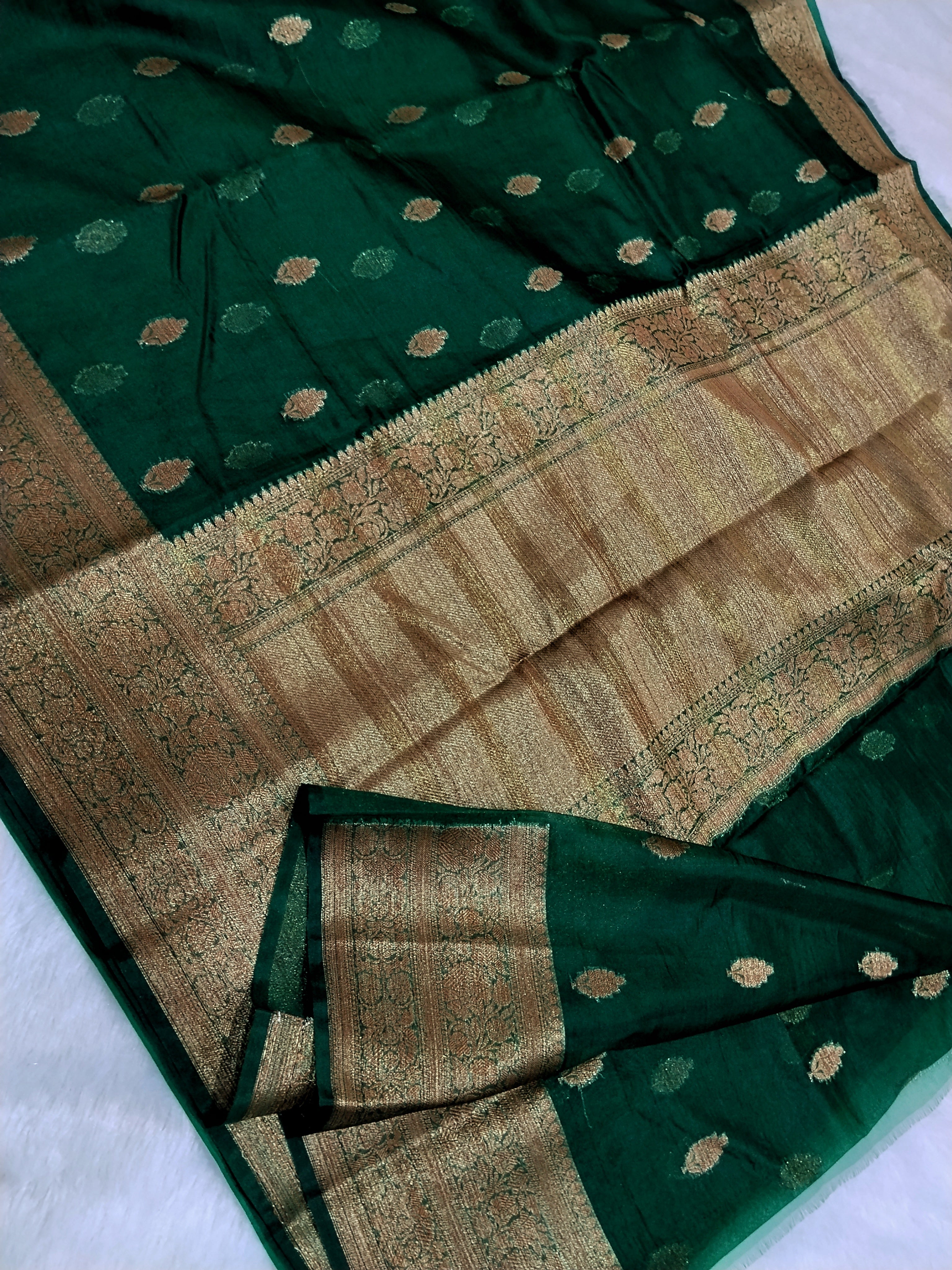 Bottle Green Colour Banarasi Kora Organza Saree