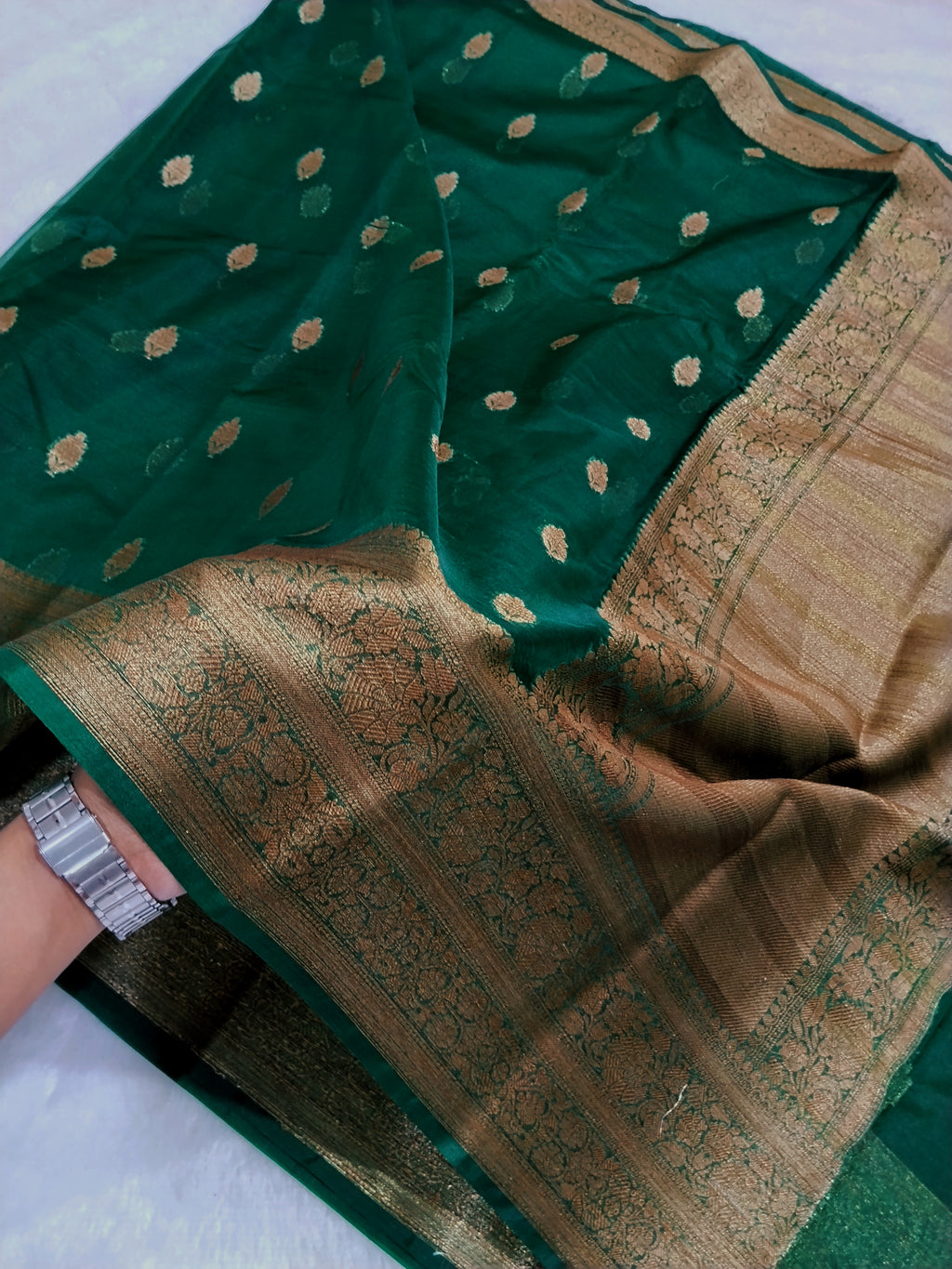 Bottle Green Colour Banarasi Kora Organza Saree