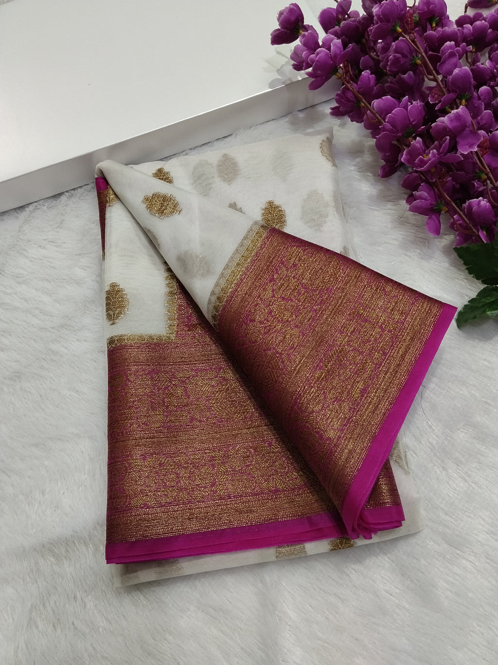 White And Pink Colour Banarasi Kora Organza Saree