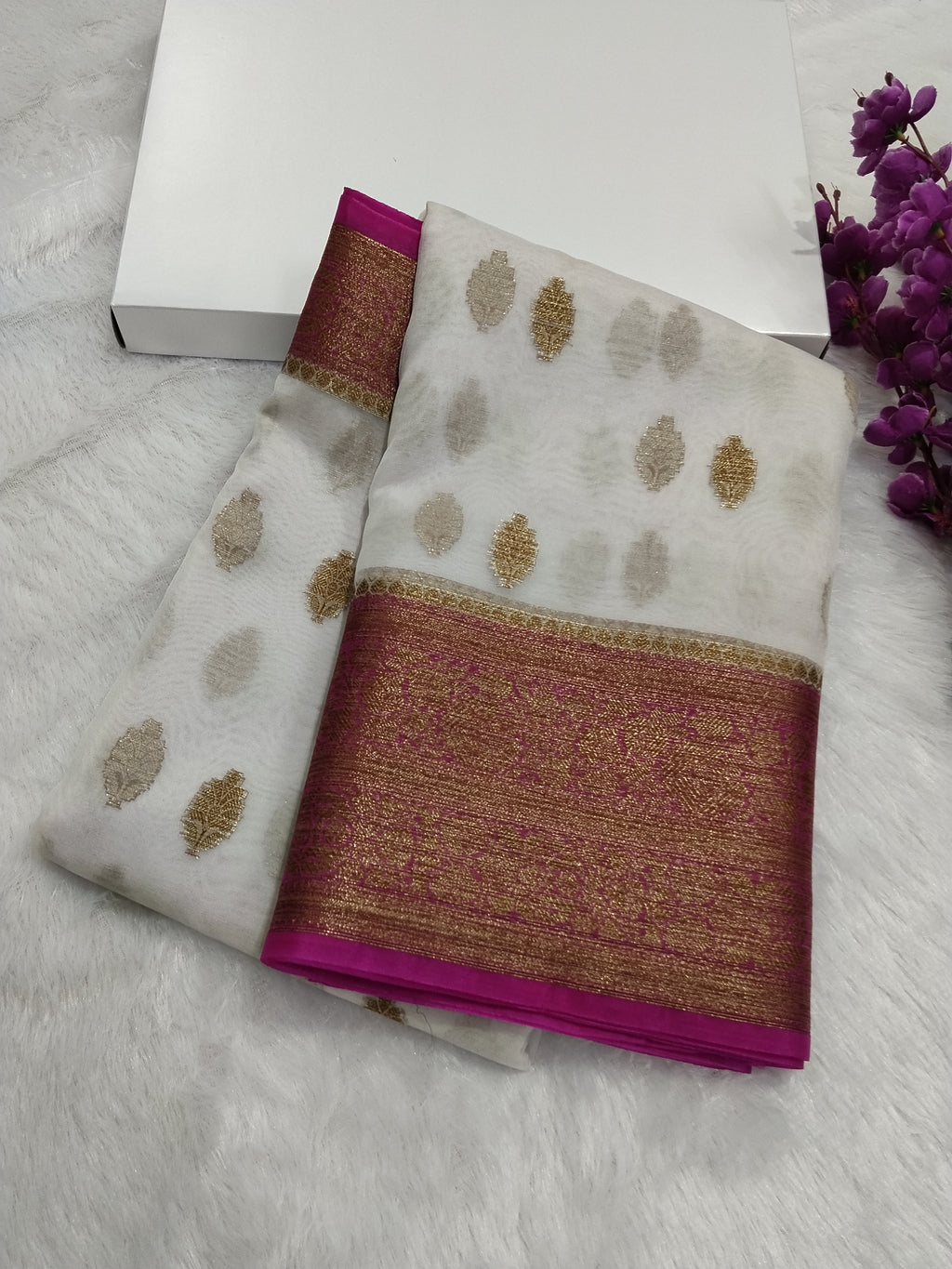 White And Pink Colour Banarasi Kora Organza Saree