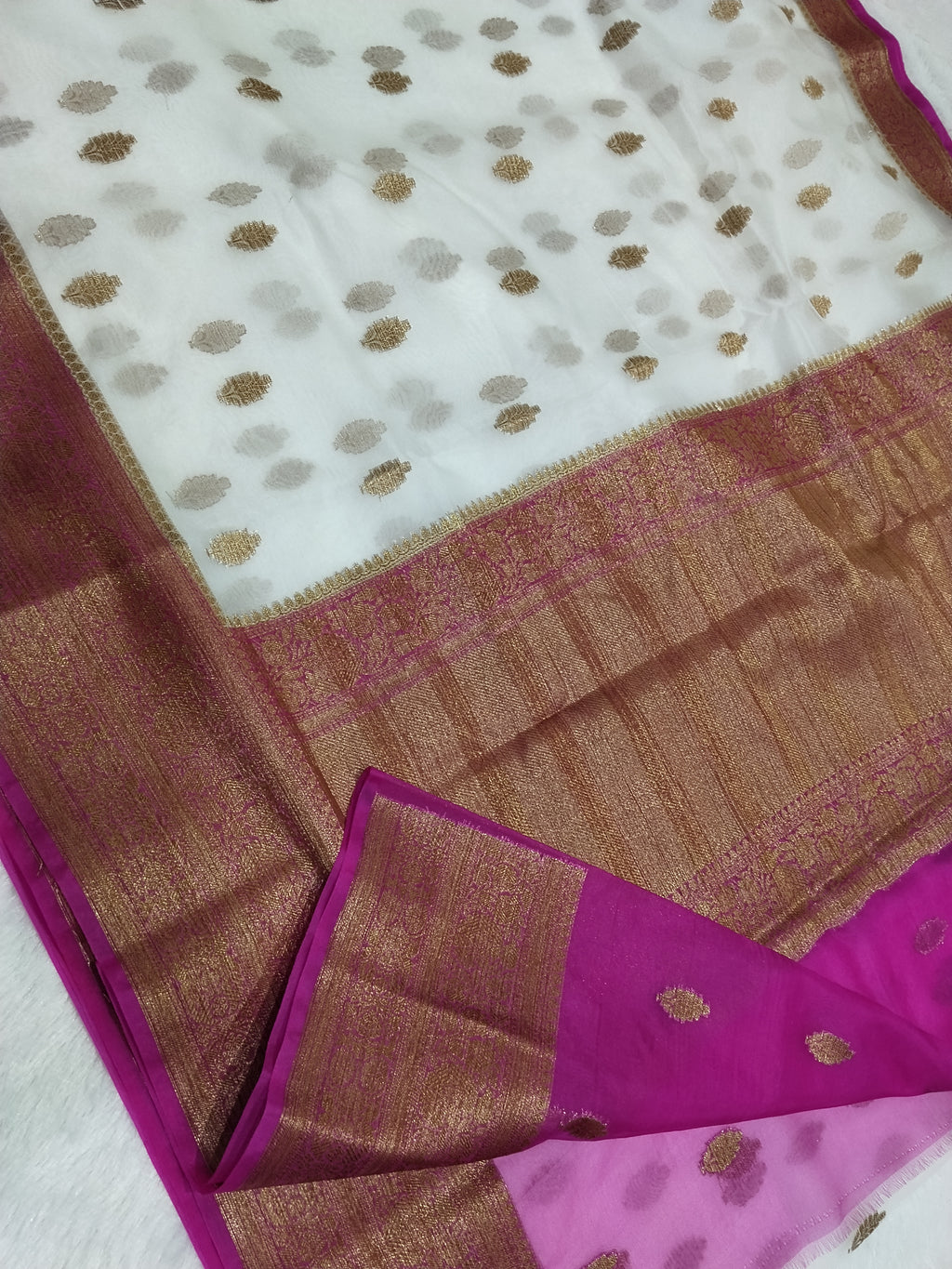 White And Pink Colour Banarasi Kora Organza Saree