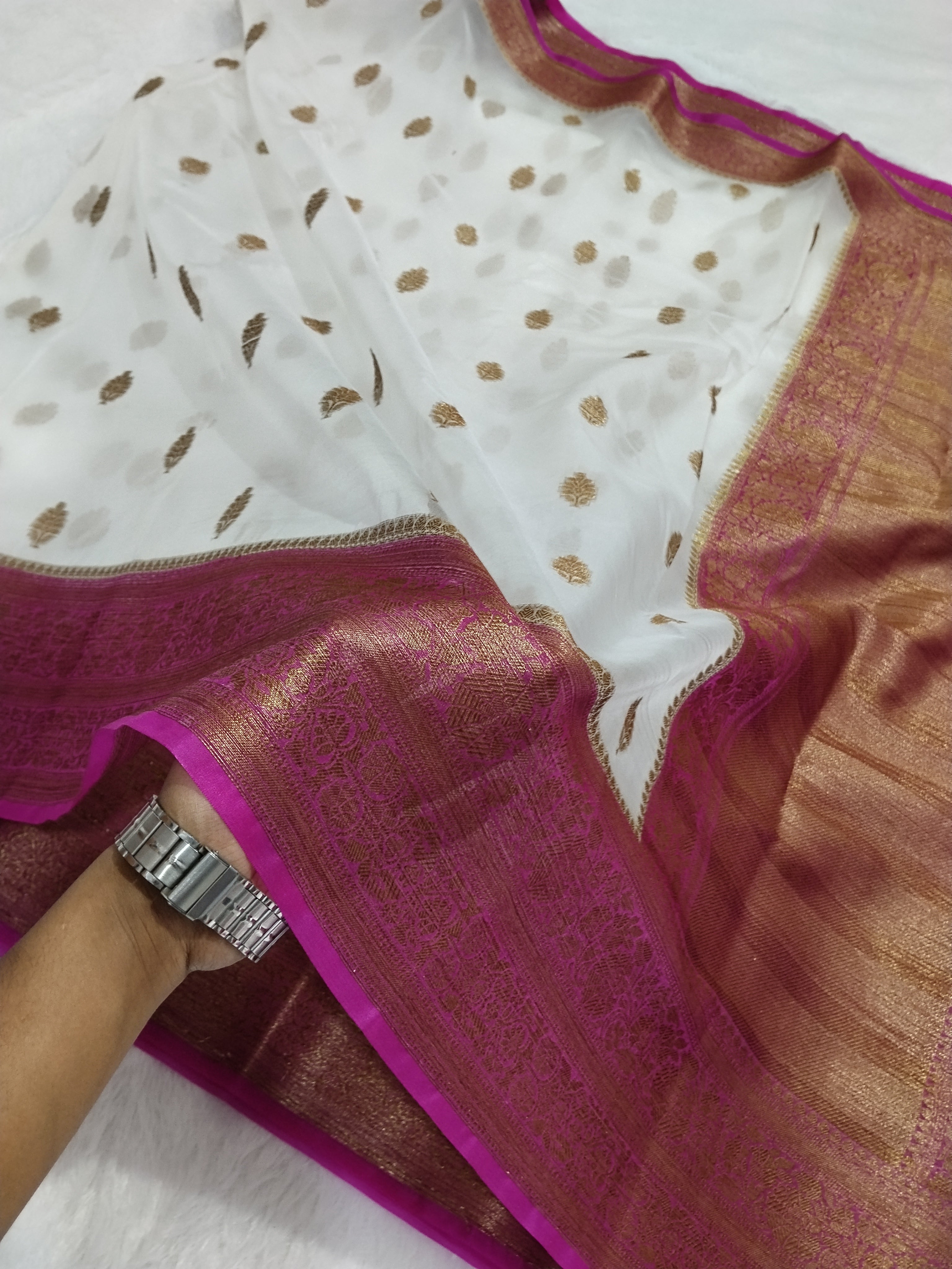White And Pink Colour Banarasi Kora Organza Saree
