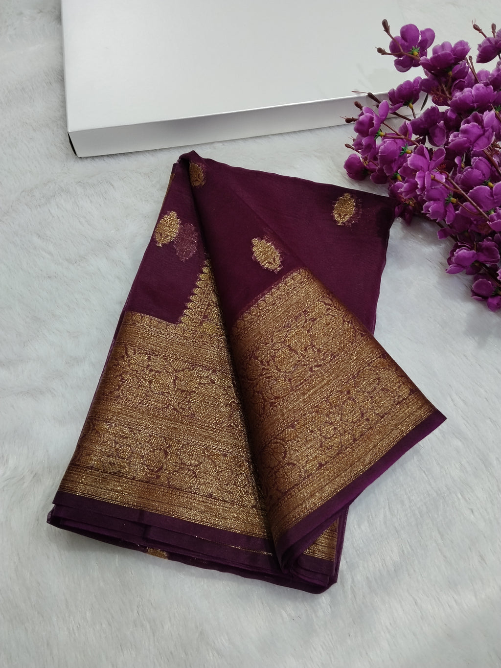 Dark Purple Colour Banarasi Kora Organza Saree
