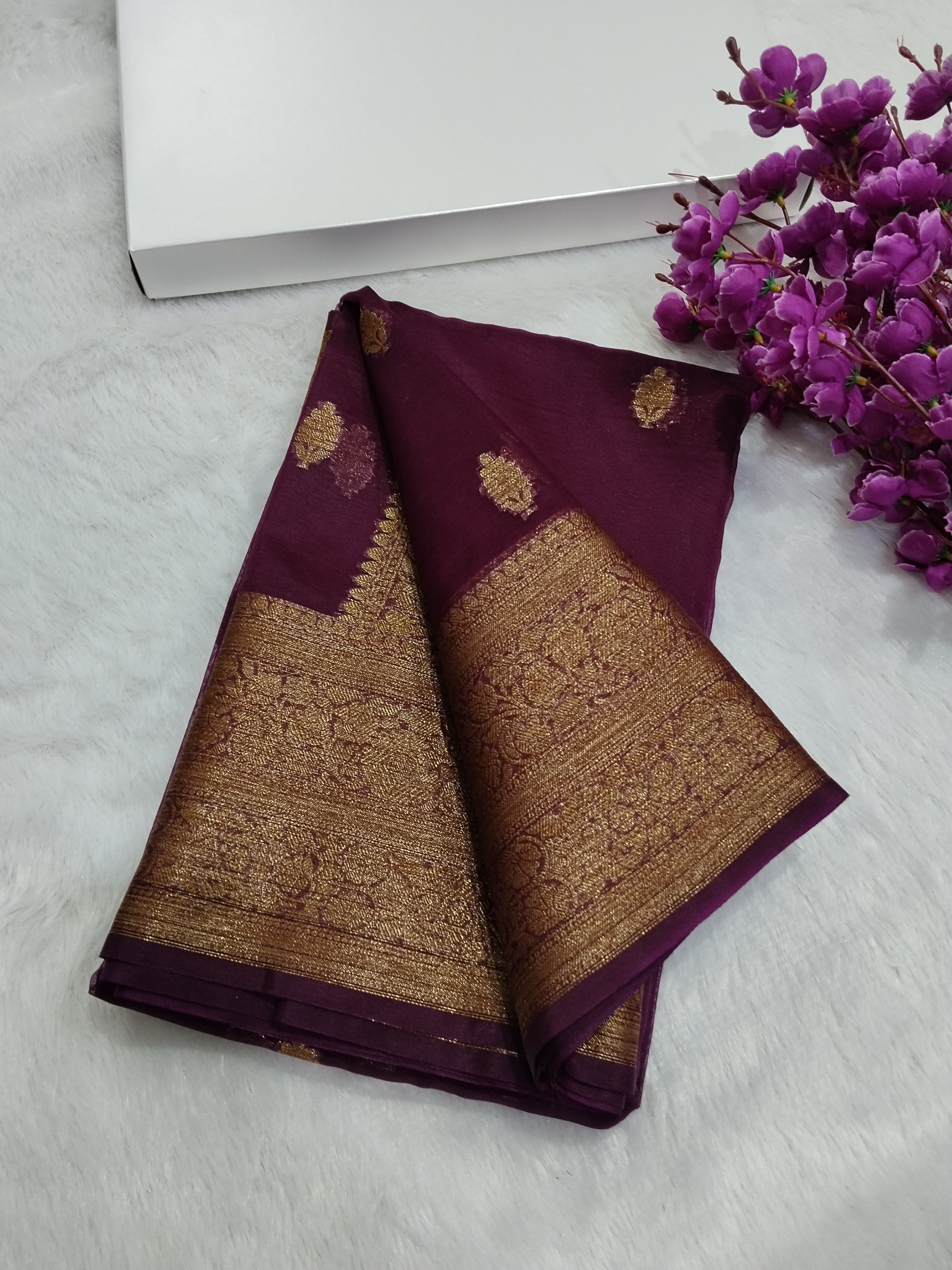 Dark Purple Colour Banarasi Kora Organza Saree