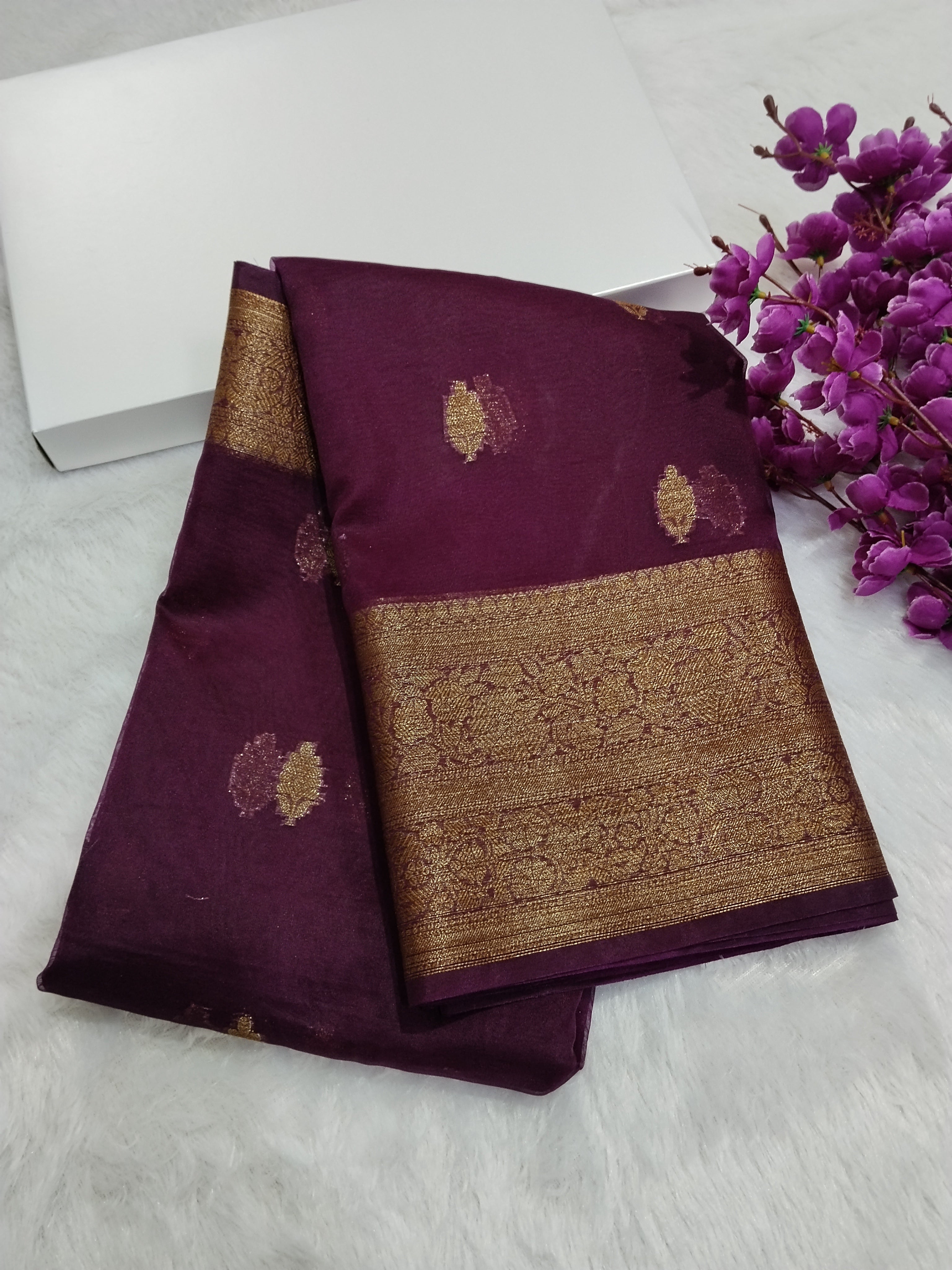 Dark Purple Colour Banarasi Kora Organza Saree