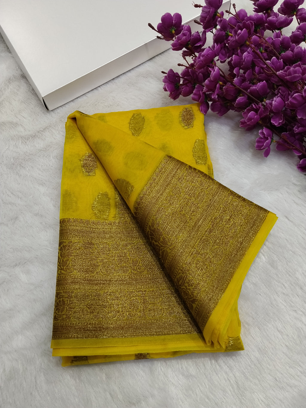 Lemon Colour Banarasi Kora Organza Saree