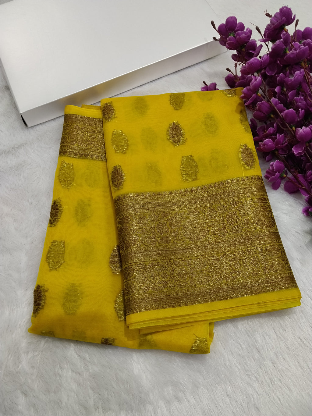 Lemon Colour Banarasi Kora Organza Saree
