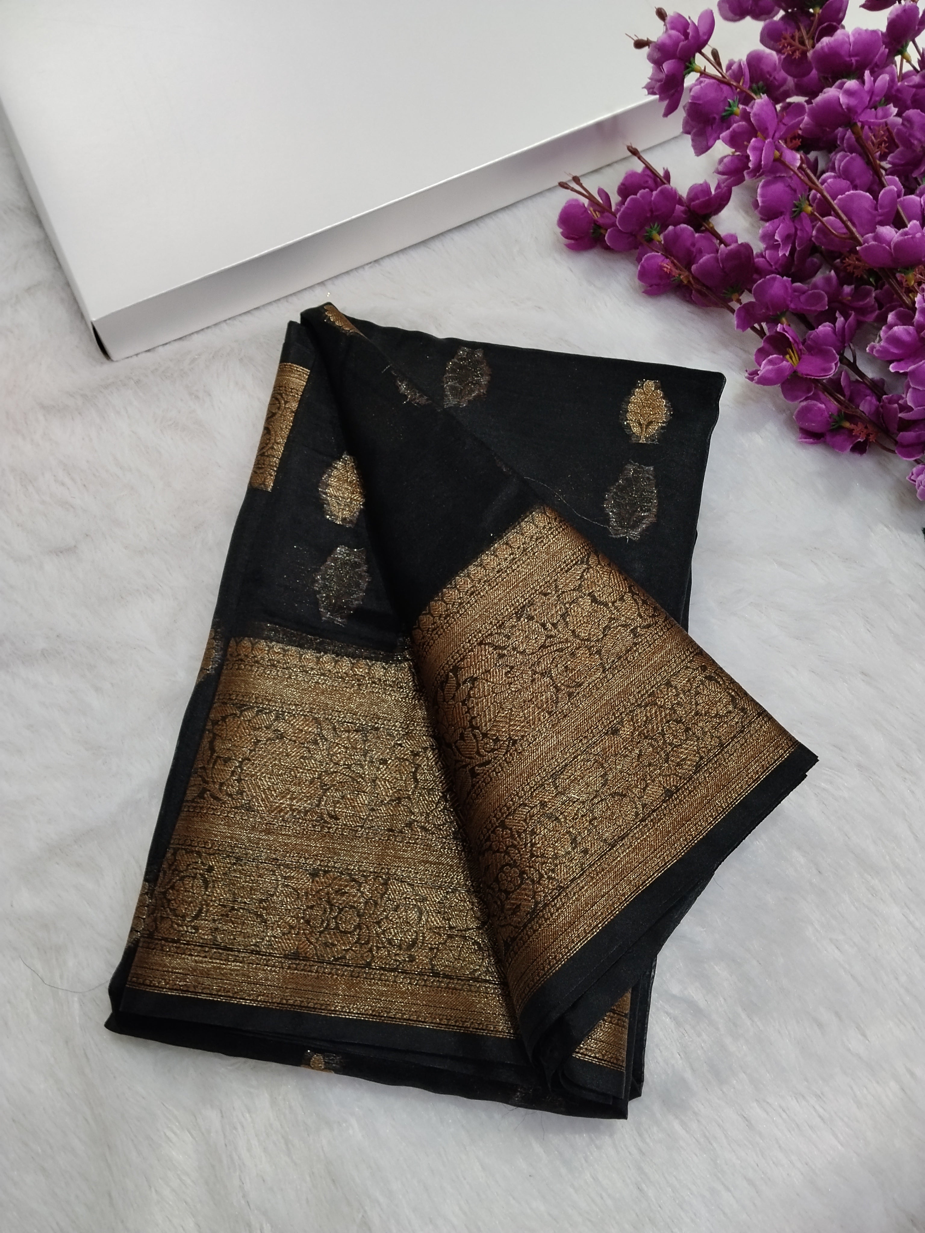 Jet Black Colour Banarasi Kora Organza Saree