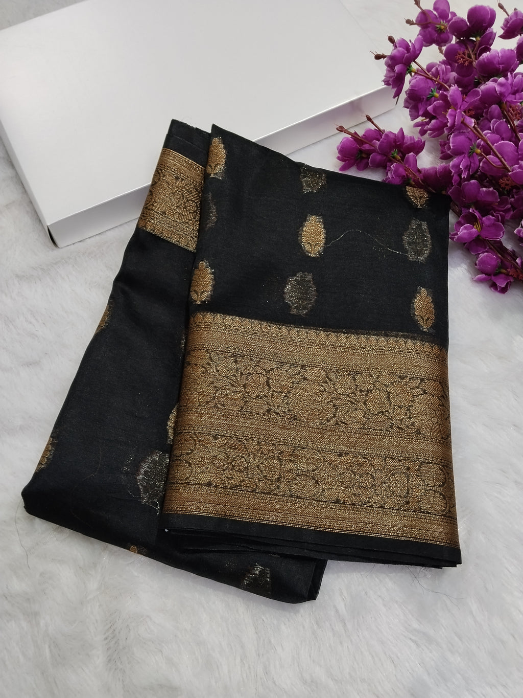 Jet Black Colour Banarasi Kora Organza Saree