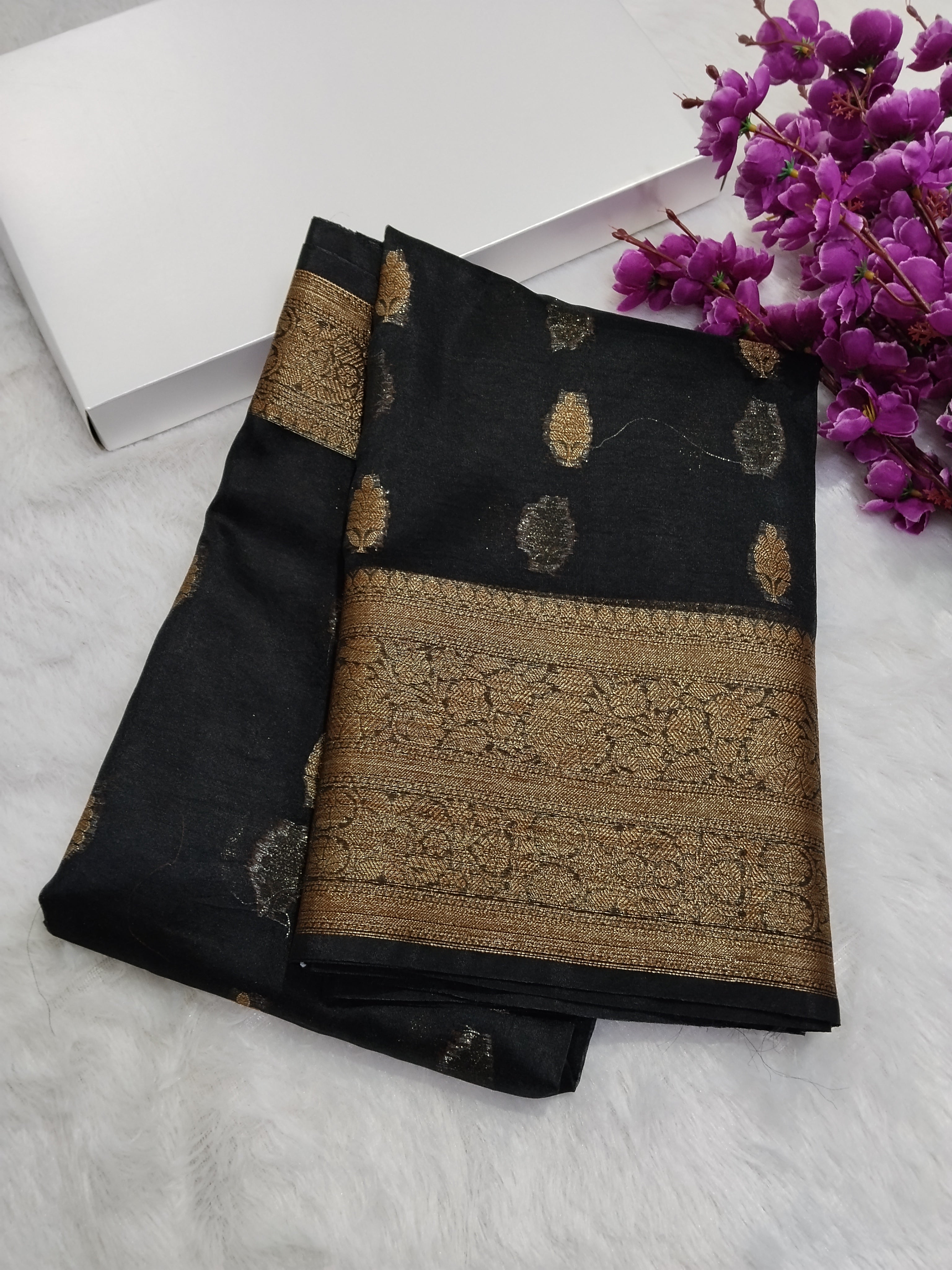 Jet Black Colour Banarasi Kora Organza Saree