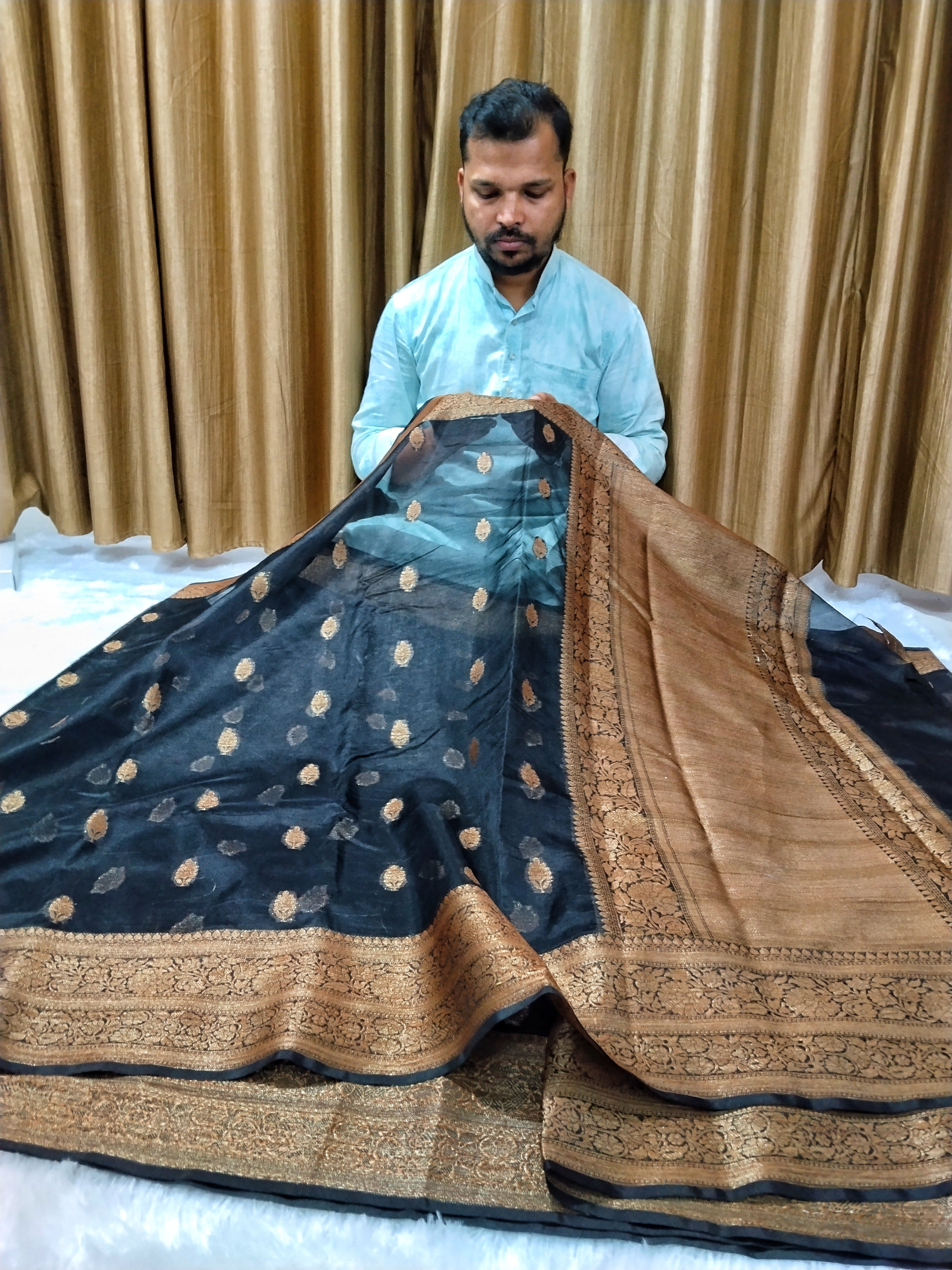 Jet Black Colour Banarasi Kora Organza Saree