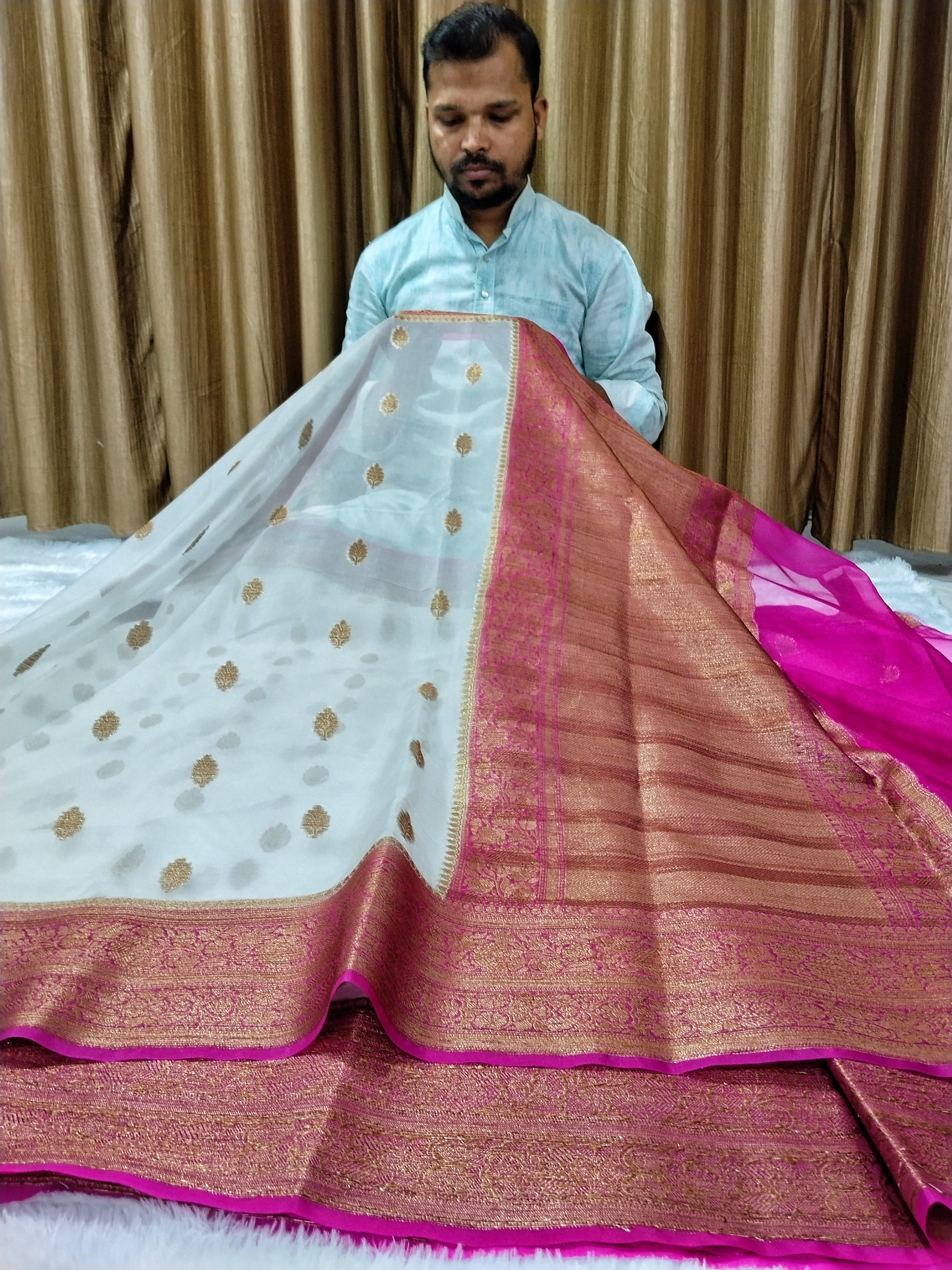 White And Pink Colour Banarasi Kora Organza Saree