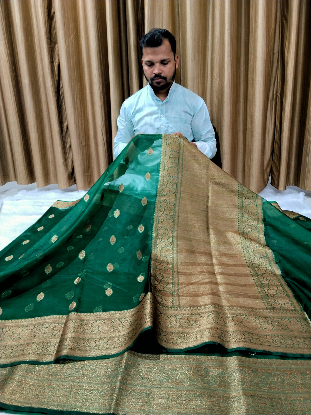 Bottle Green Colour Banarasi Kora Organza Saree