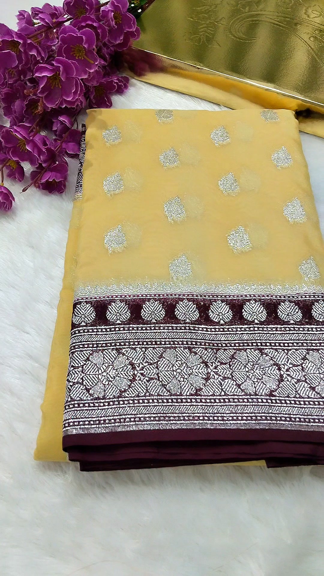 Light Lemon And Dark Brown Colour Banarasi Khaddi Georgette Saree