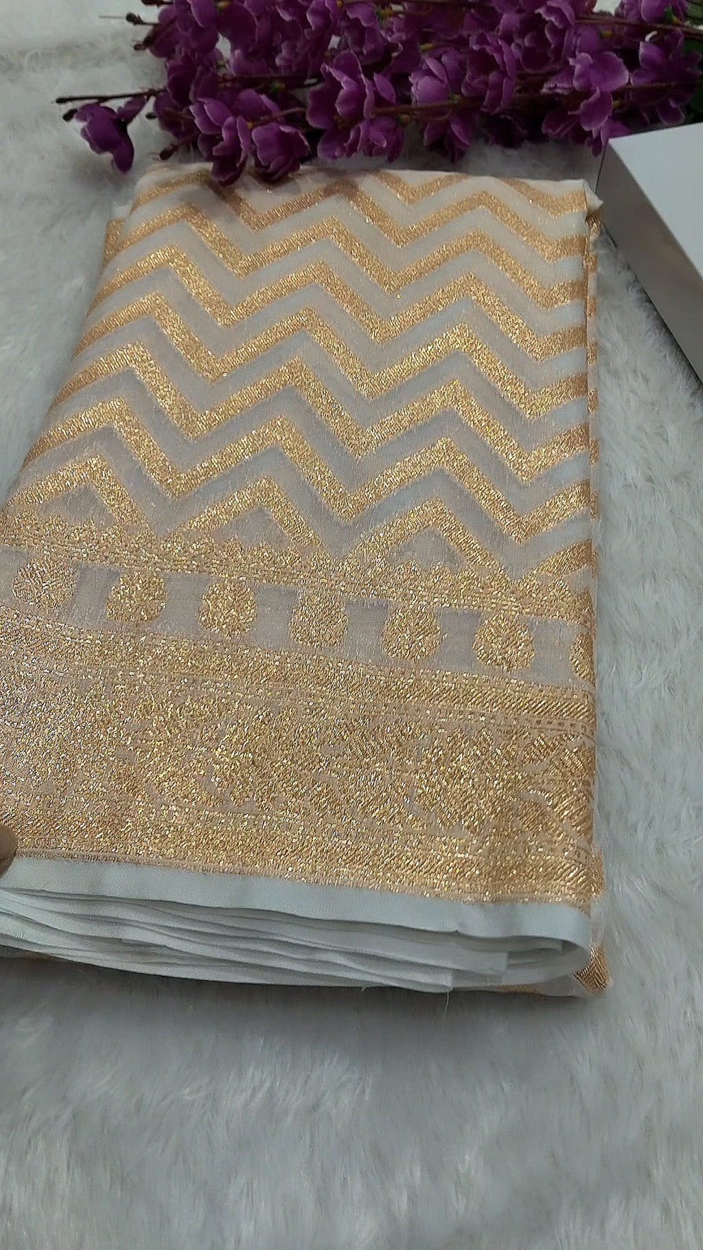 Cream Colour Golden Zari Khaddi Georgette Saree