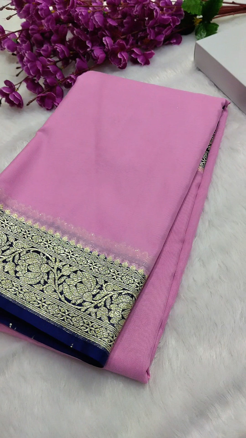 Baby Pink And Navy Blue Colour Banarasi Khaddi Georgette Saree