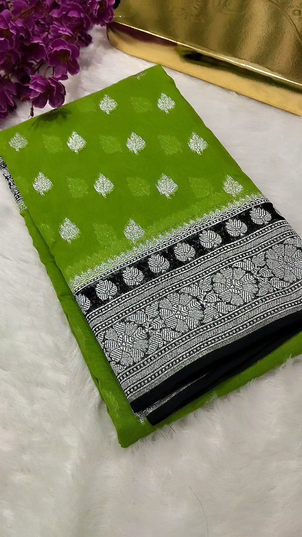 Parrot Green And Black Colour Banarasi Khaddi Georgette Saree