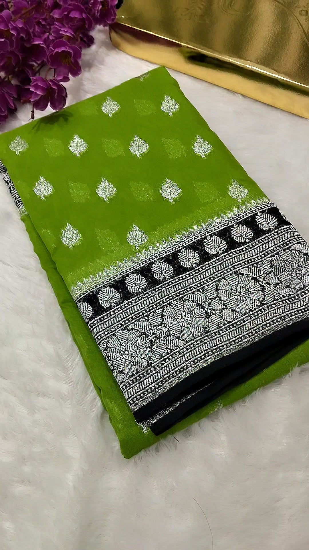 Parrot Green And Black Colour Banarasi Khaddi Georgette Saree