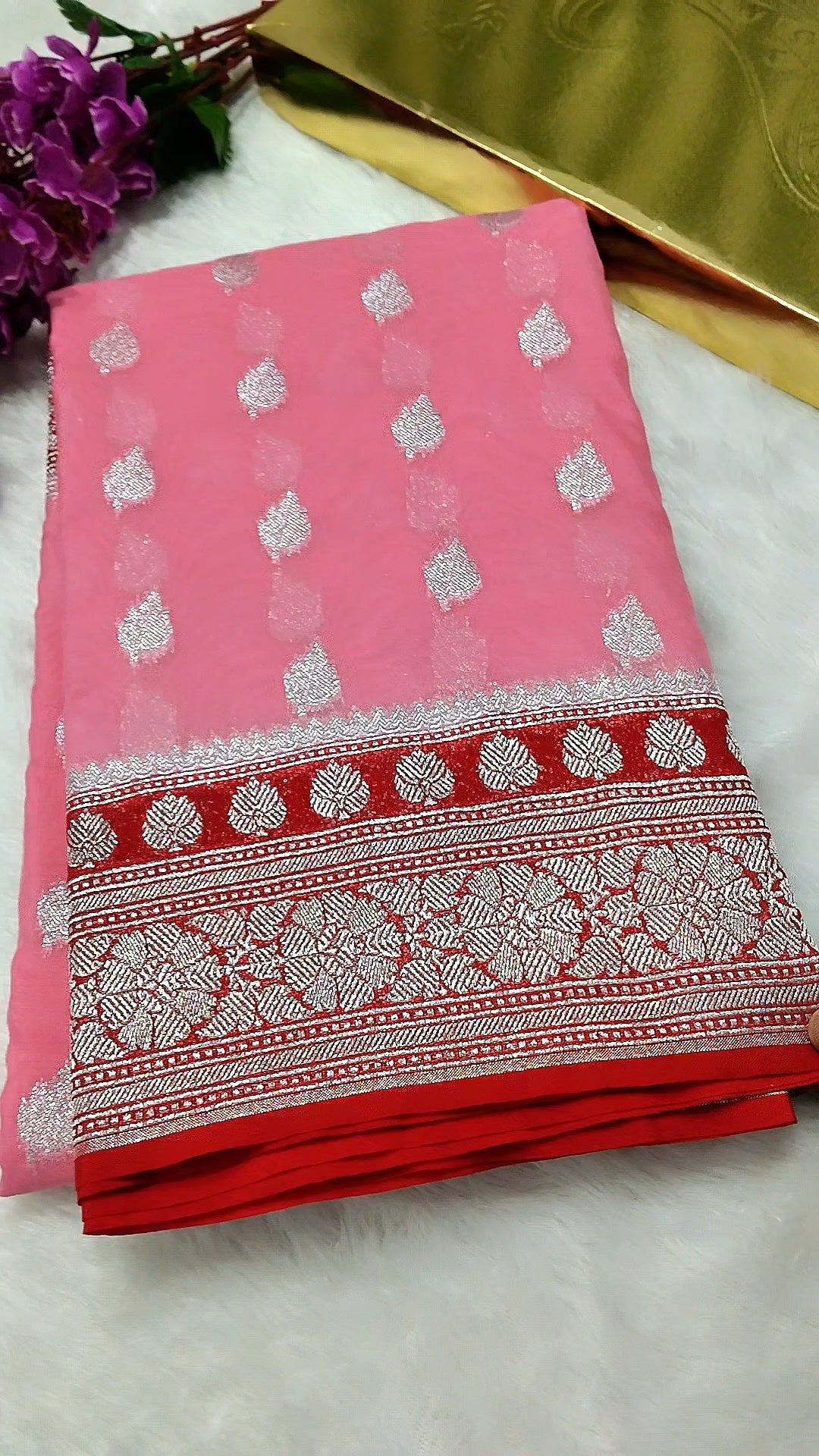 Baby Pink And Red Colour Banarasi Khaddi Georgette Saree