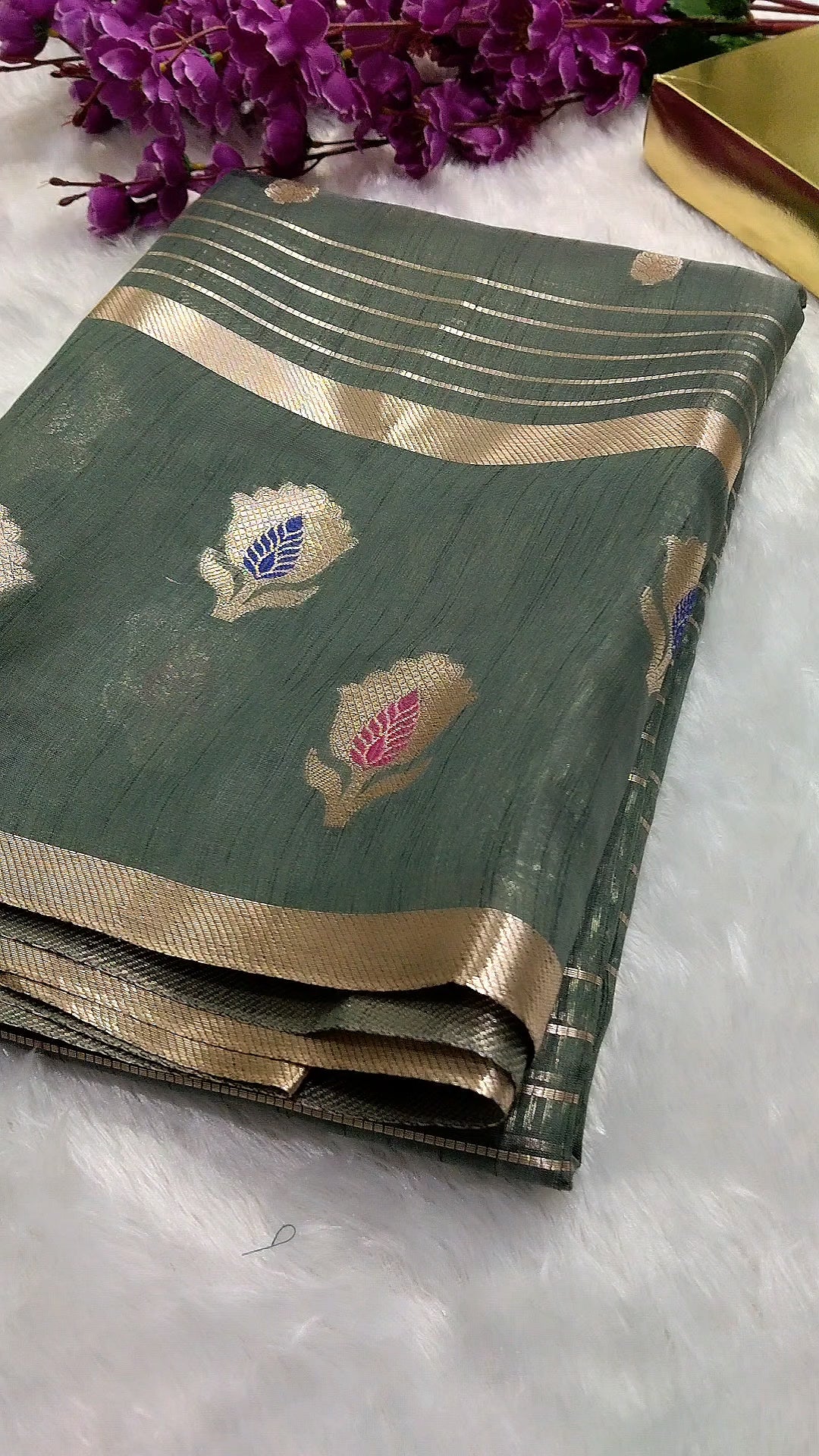 Grey Colour Banarasi Fancy Cotton Silk Saree With Strips Pallu And Blouse