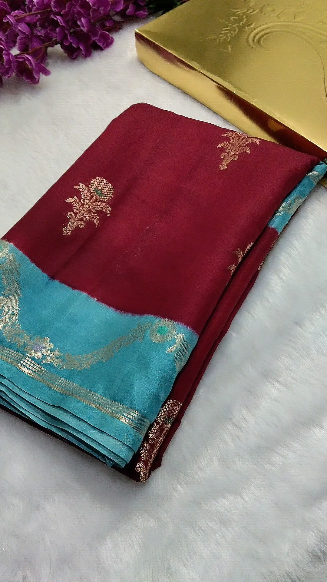 Maroon And Blue Banarasi Moonga Silk Saree