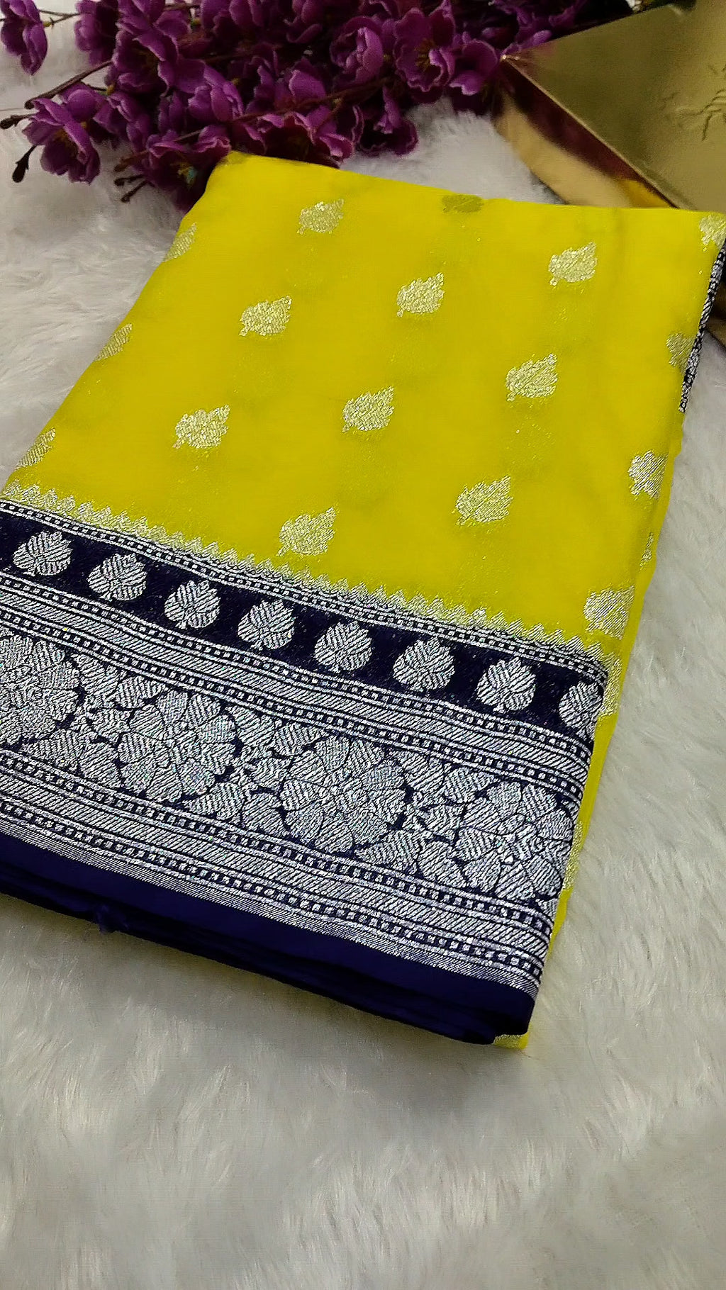 Lemon And Violet Colour Silver Zari Khaddi Georgette Saree