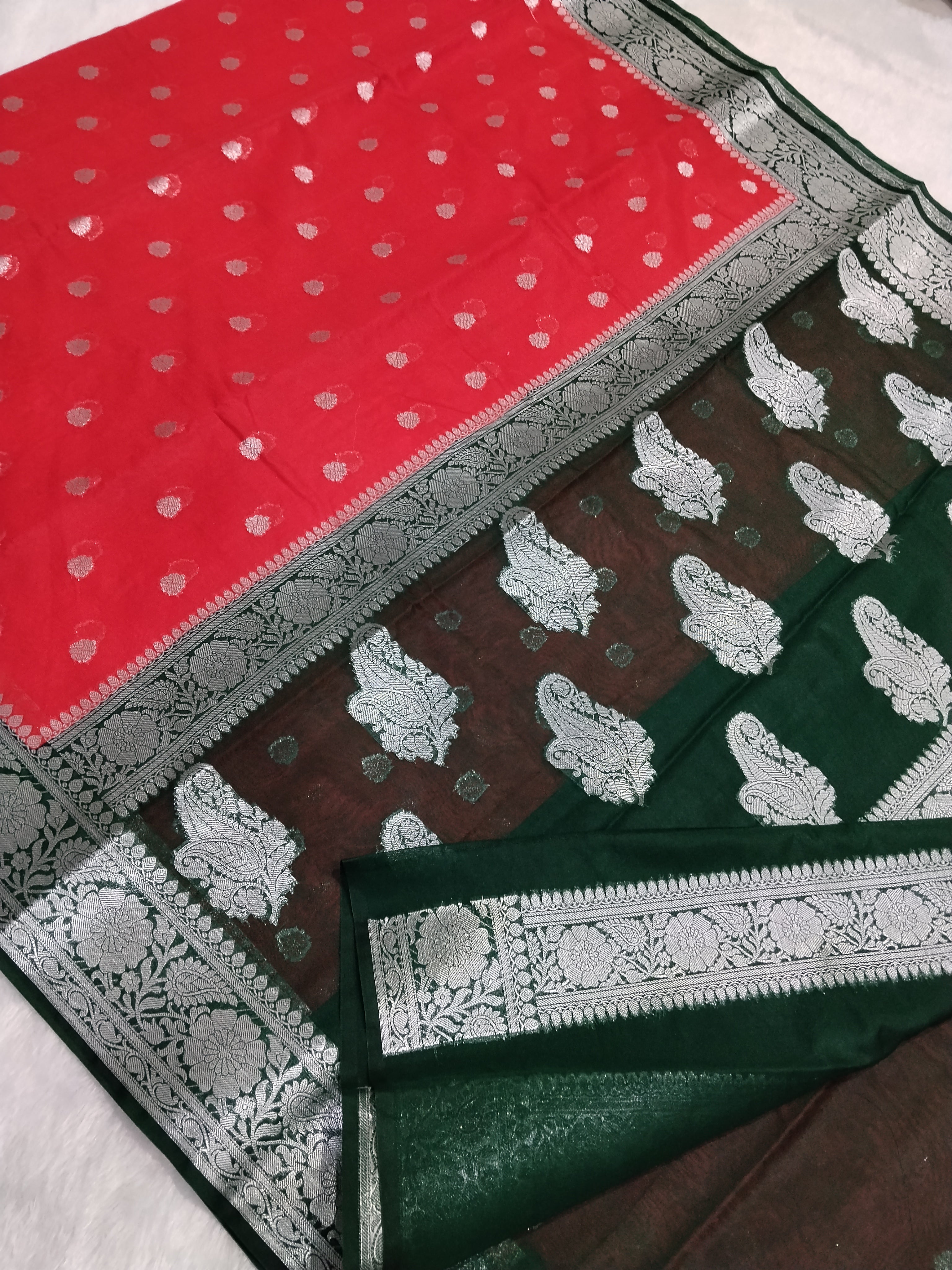 Bottle Green And Red Colour Silver Zari Khaddi Georgette Saree