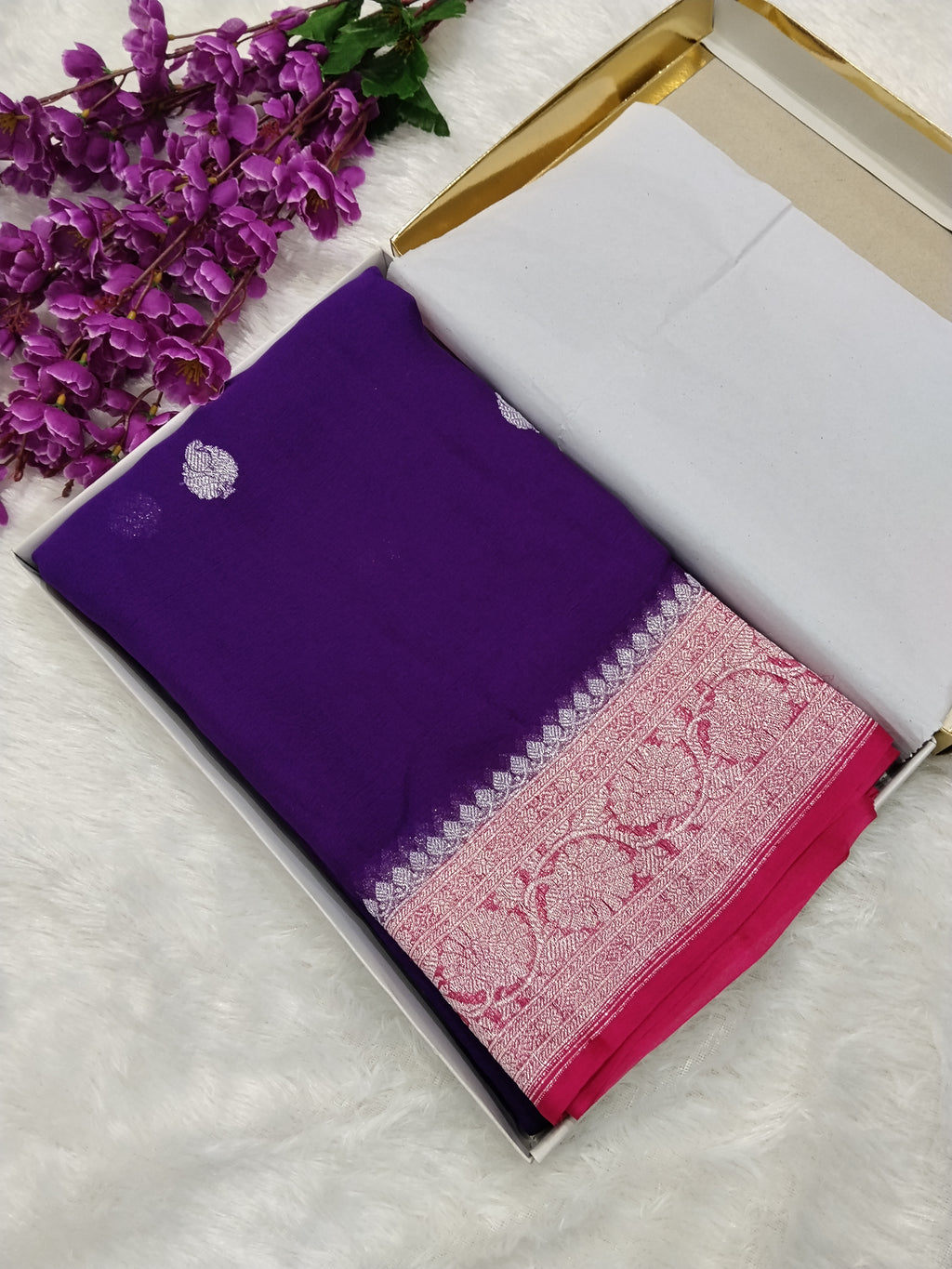 Handloom Pure Banarasi Chiffon Saree Silver Zari