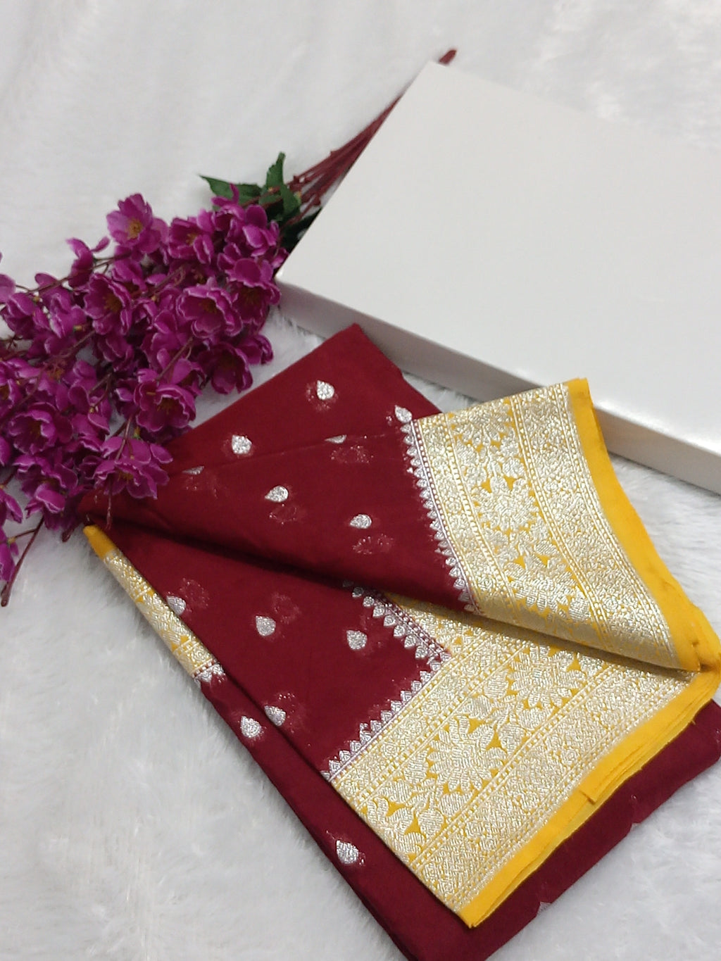 Maroon And Yellow Banarasi Khaddi Georgette Saree