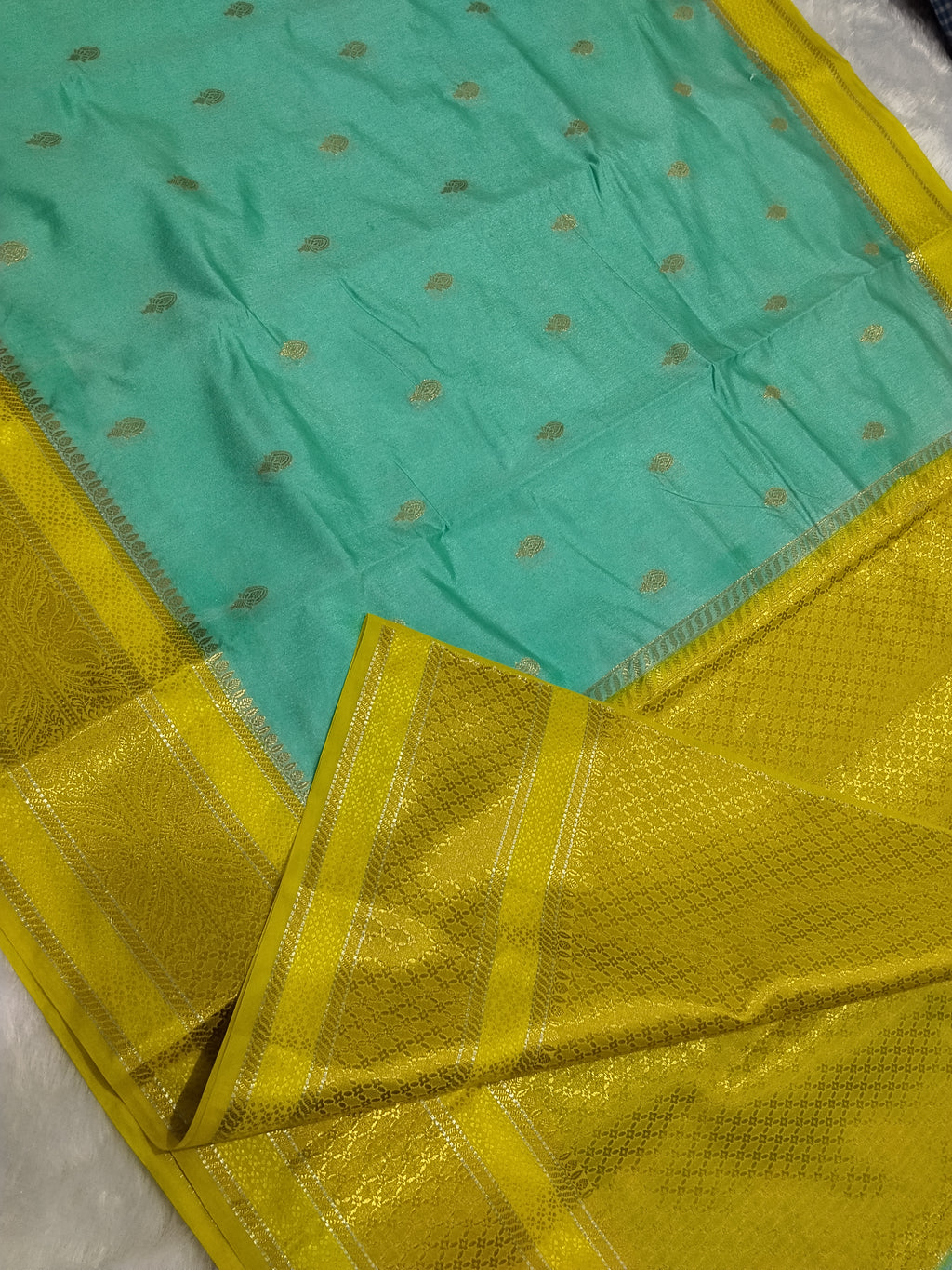 Sea Green And Lemon Colour Kanjivaram Border Moonga Silk Saree With Buti