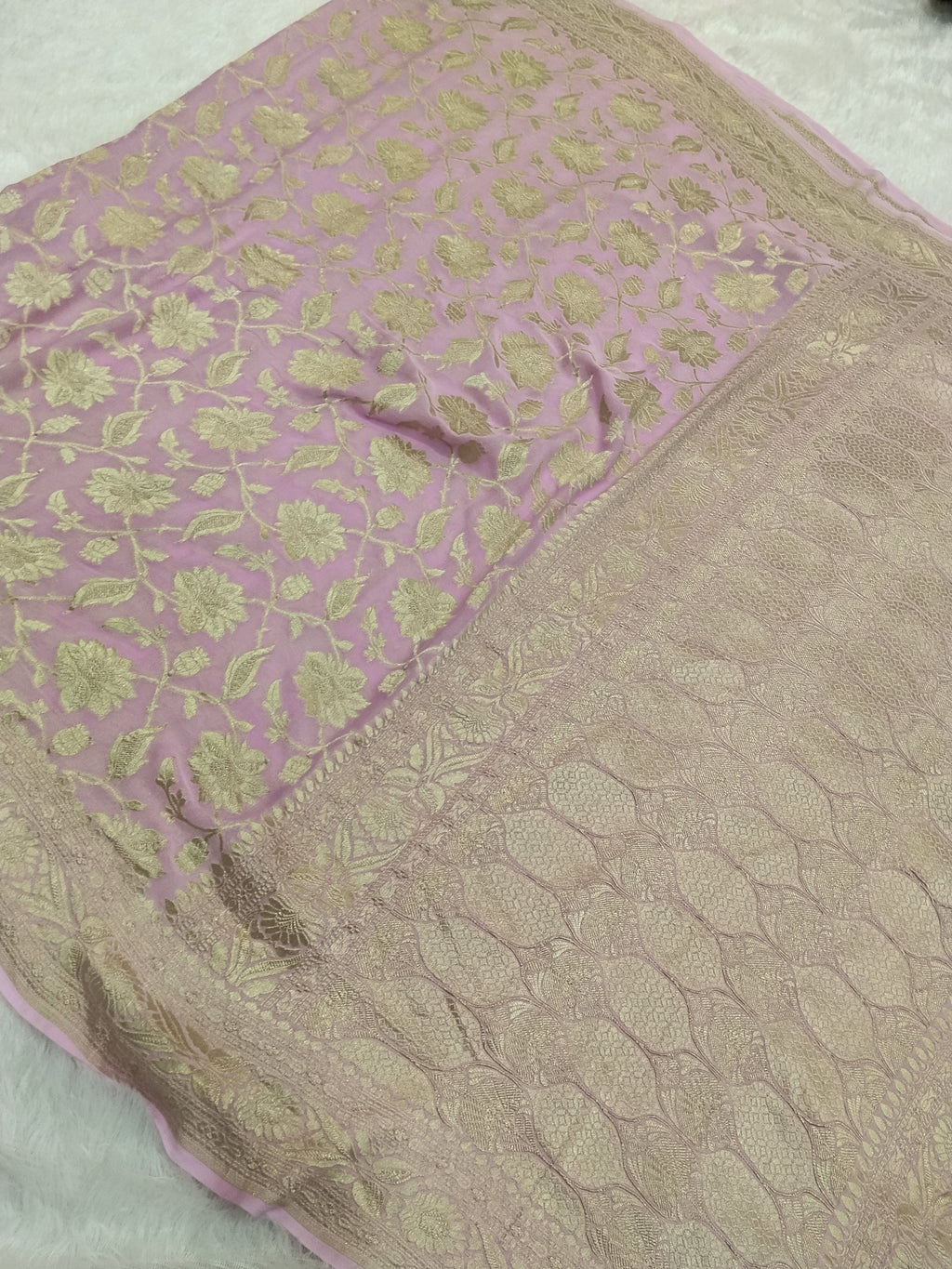 Baby Pink Colour Handloom Pure Banarasi Khaddi Georgette Saree Water Zari