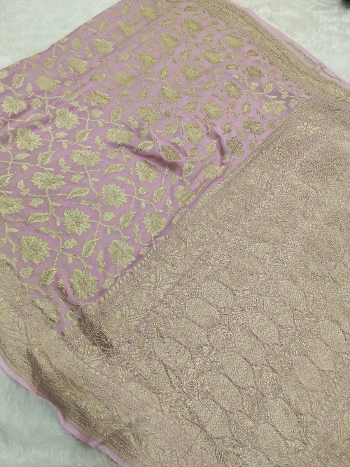 Baby Pink Colour Handloom Pure Banarasi Khaddi Georgette Saree Water Zari