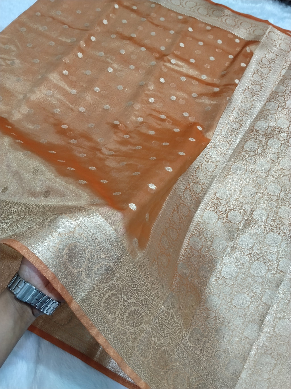 Orange Colour Tissue Saree With All Over Buti