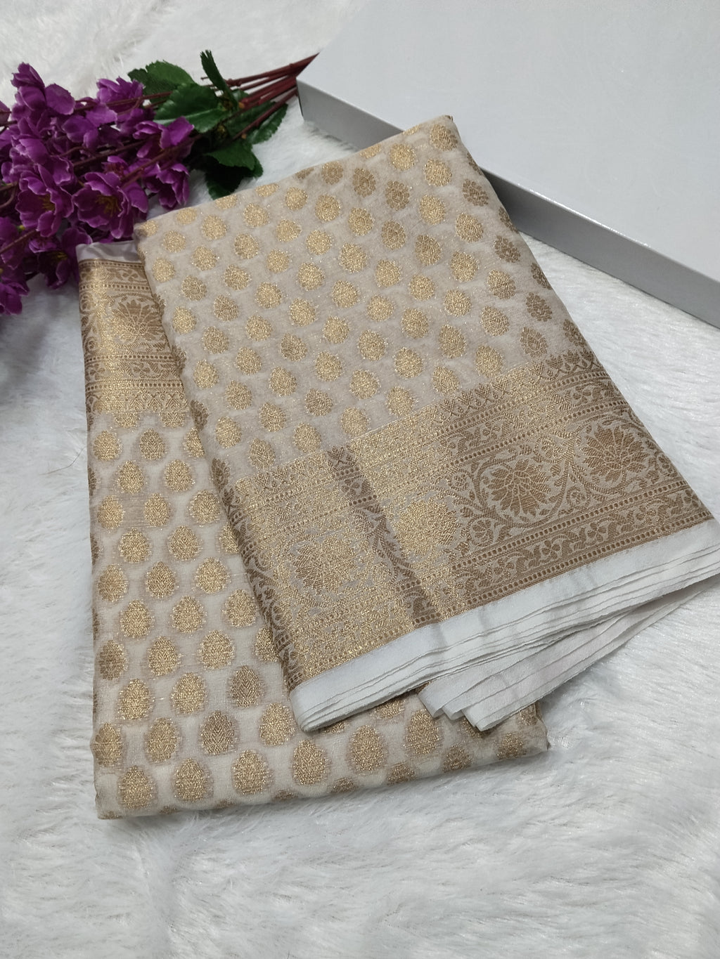 Full White Colour Golden Zari Body Warm Silk Saree