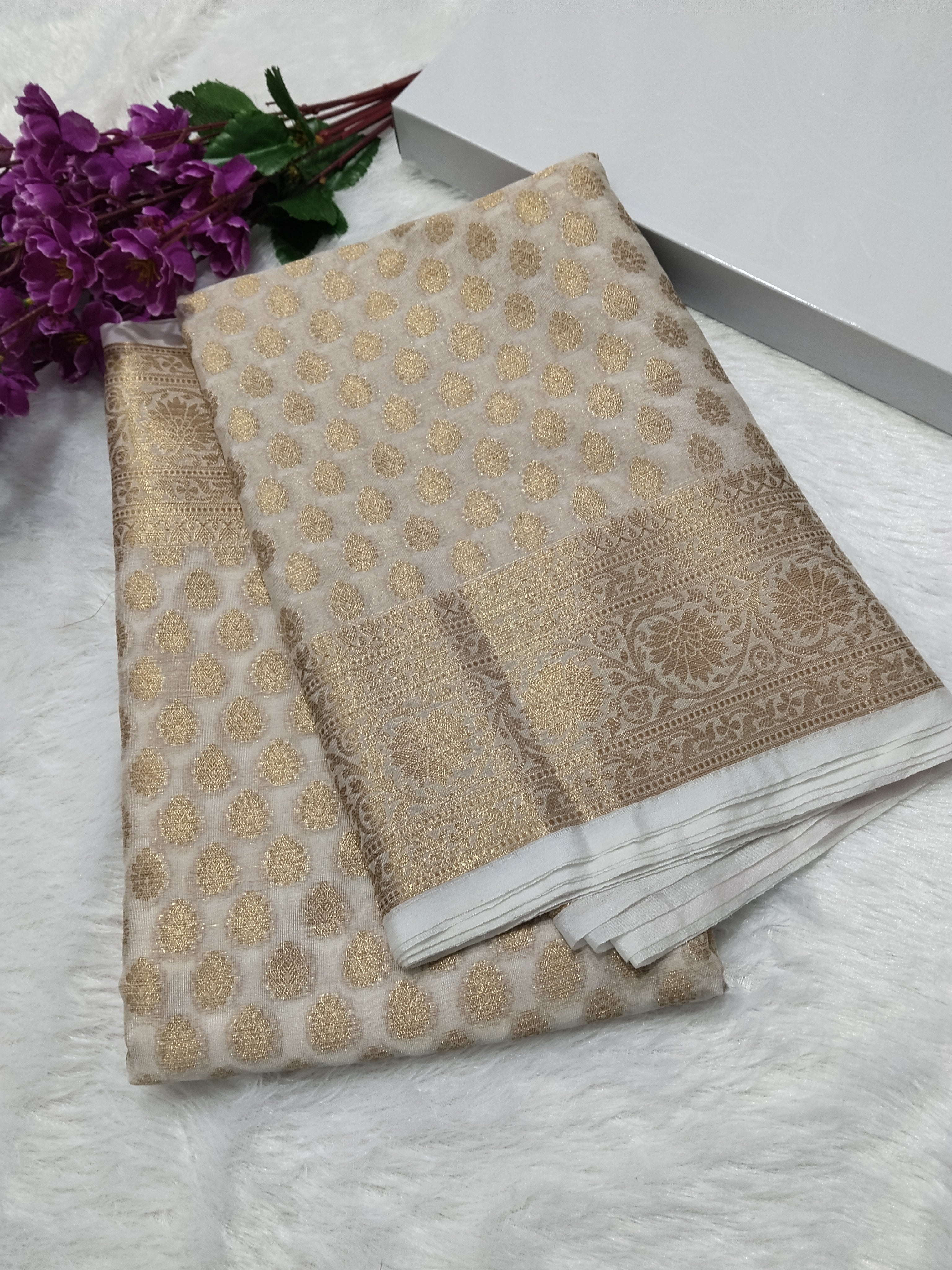 Full White Colour Golden Zari Body Warm Silk Saree