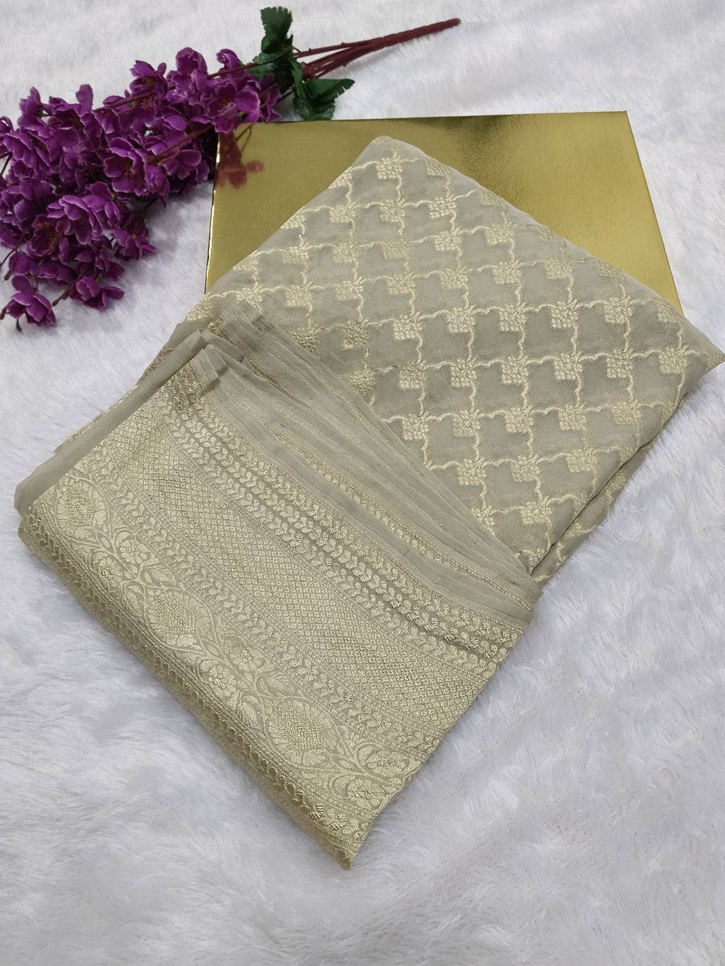 Beige Colour Handloom Pure Banarasi Khaddi Georgette Saree Water Zari