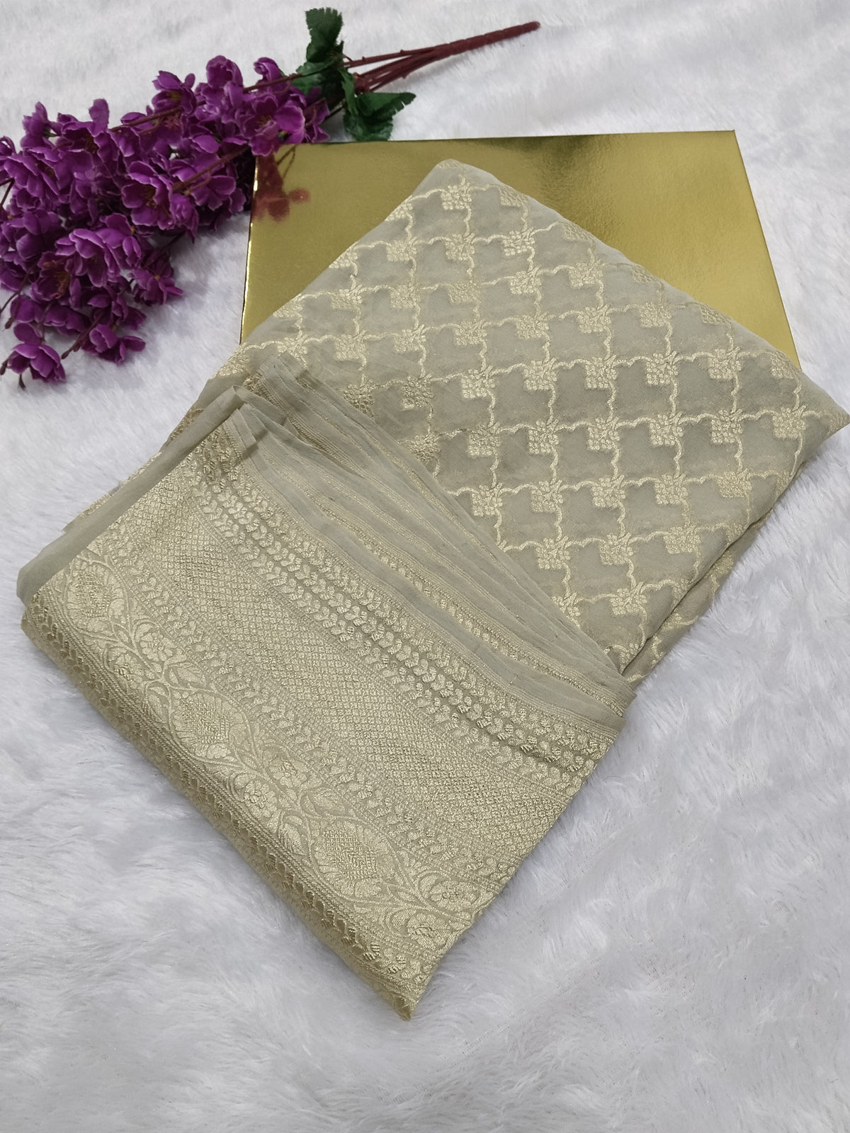Beige Colour Handloom Pure Banarasi Khaddi Georgette Saree Water Zari
