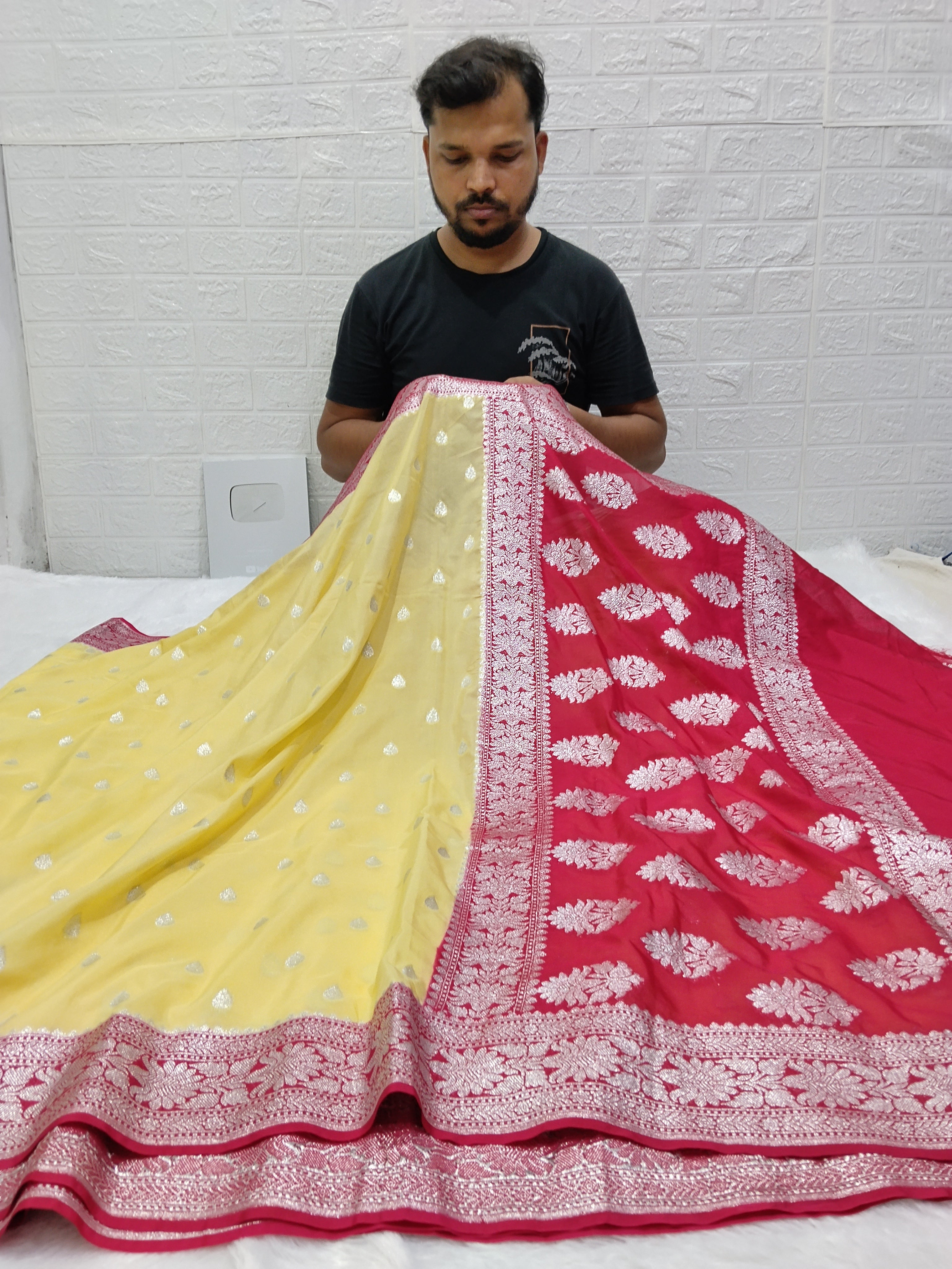 Lemon And Pink Colour Banarasi Khaddi Georgette Saree