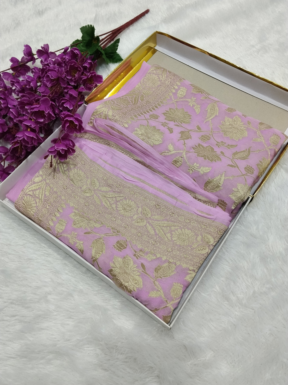 Baby Pink Colour Handloom Pure Banarasi Khaddi Georgette Saree Water Zari