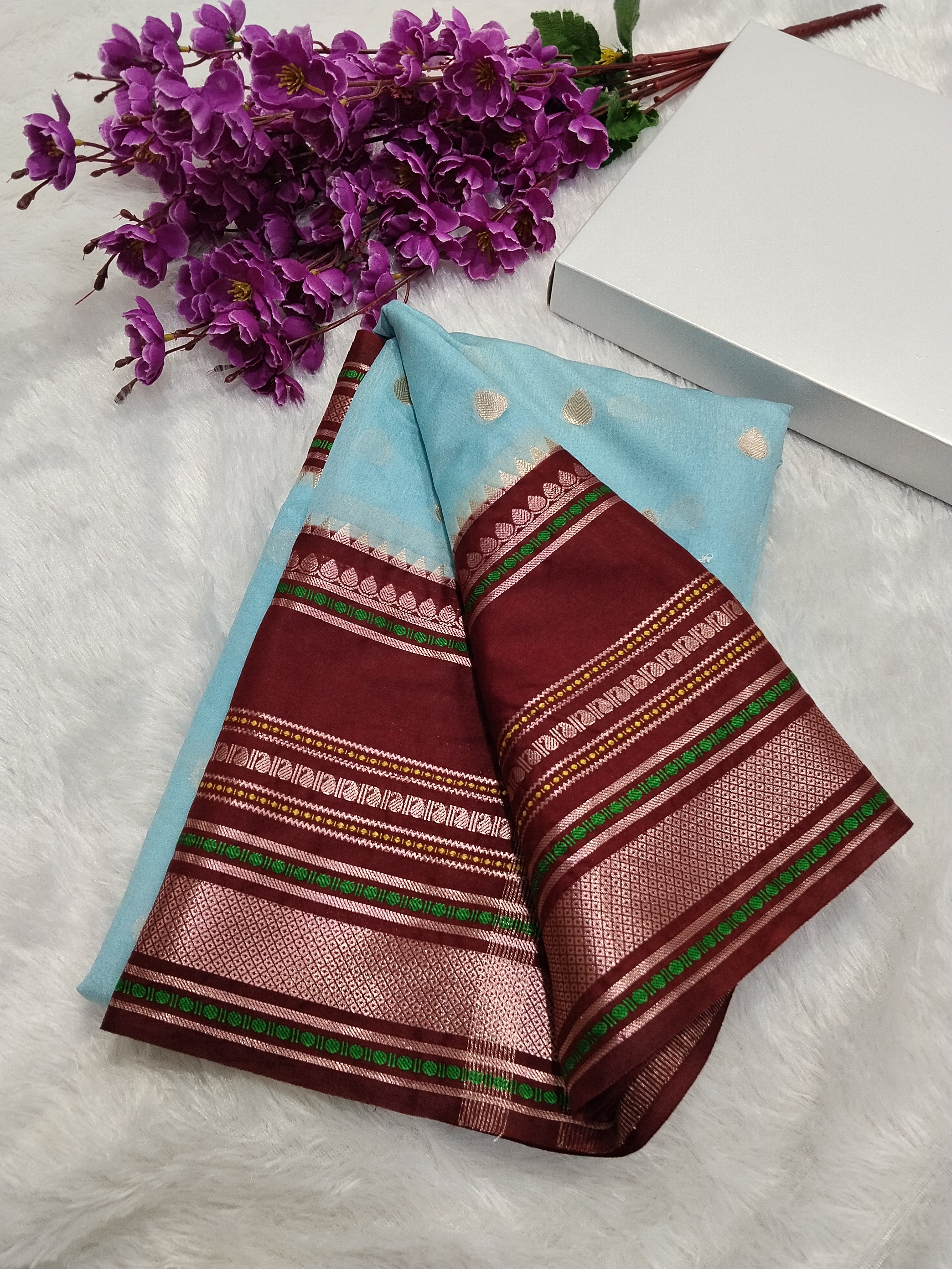 Sky Blue And Maroon Colour Kanjivaram Border Moonga Silk Saree With Buti