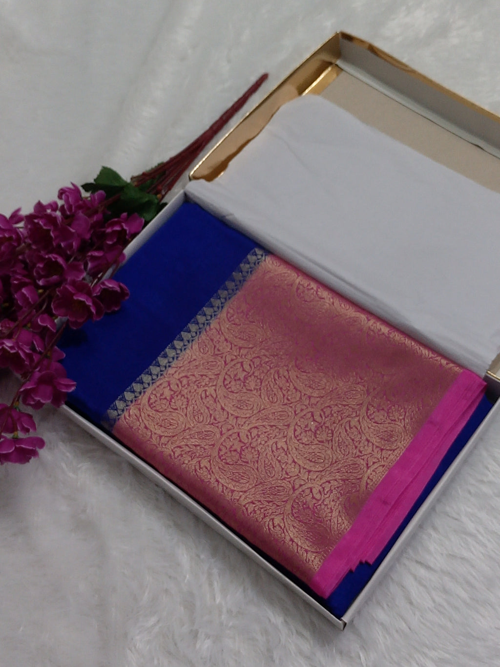 Blue And Rani Colour Plain Body Warm Silk Saree