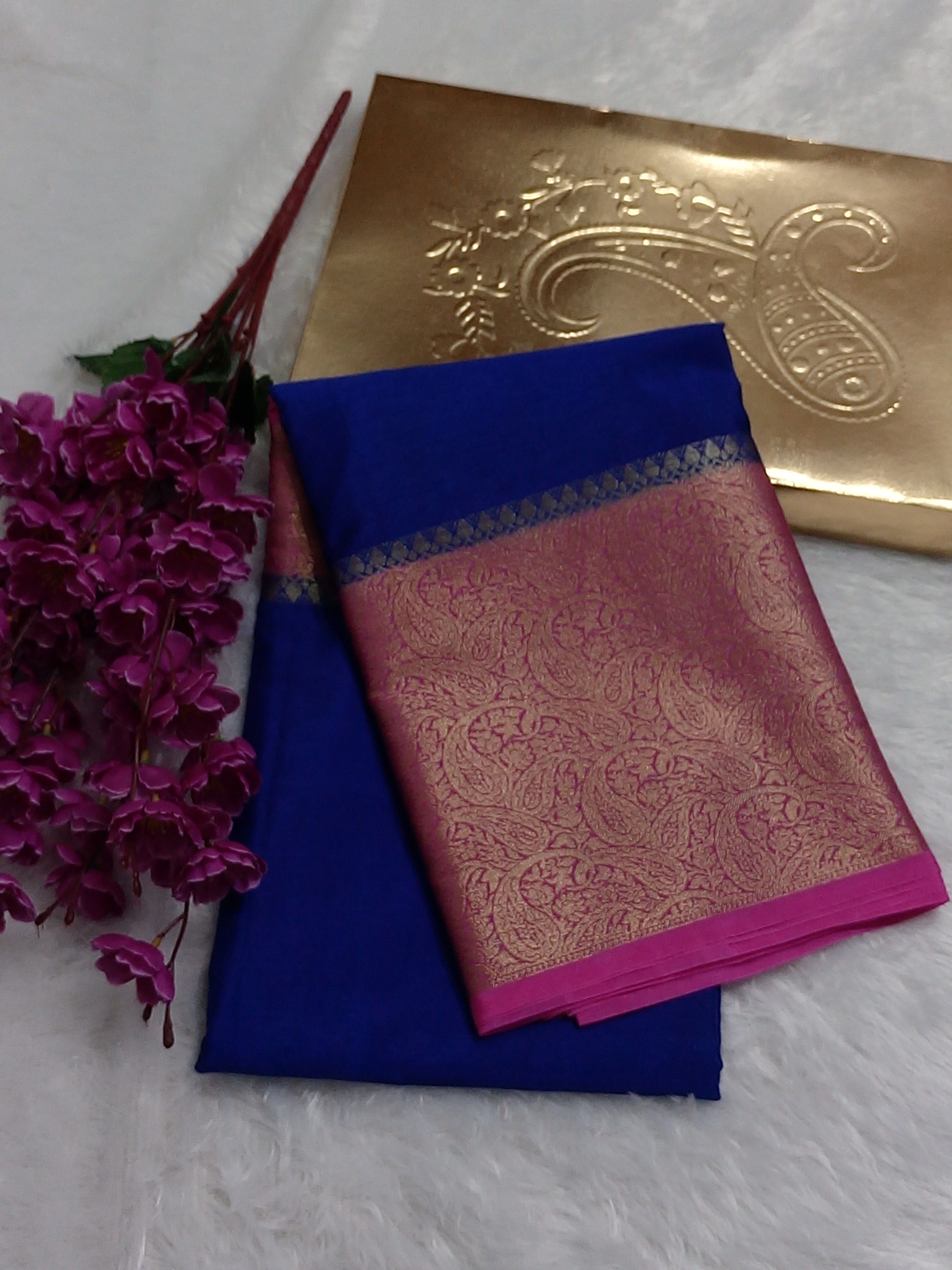 Blue And Rani Colour Plain Body Warm Silk Saree