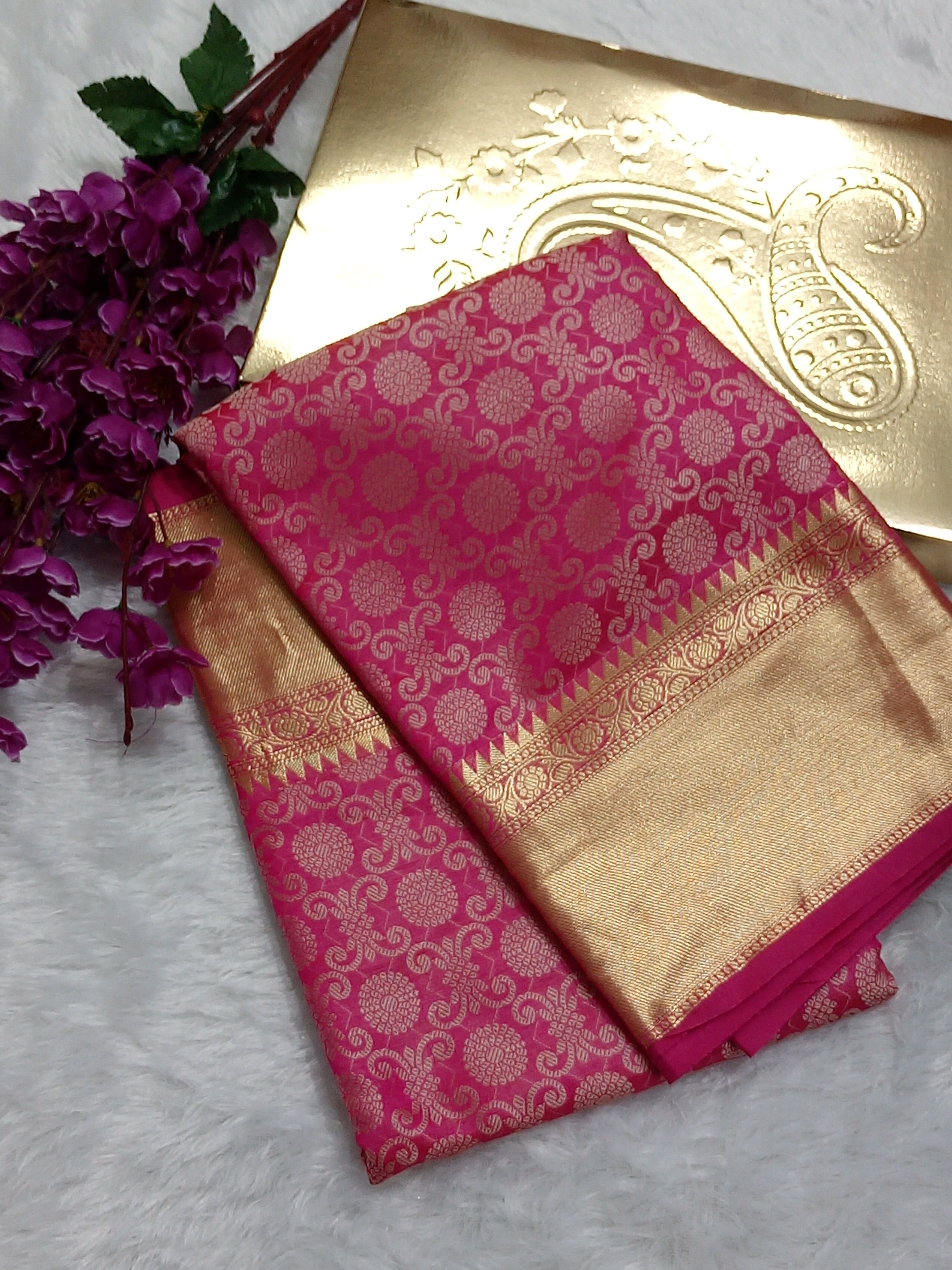 Pink Colour Zari Border Banarasi Semi Katan Brocade Saree