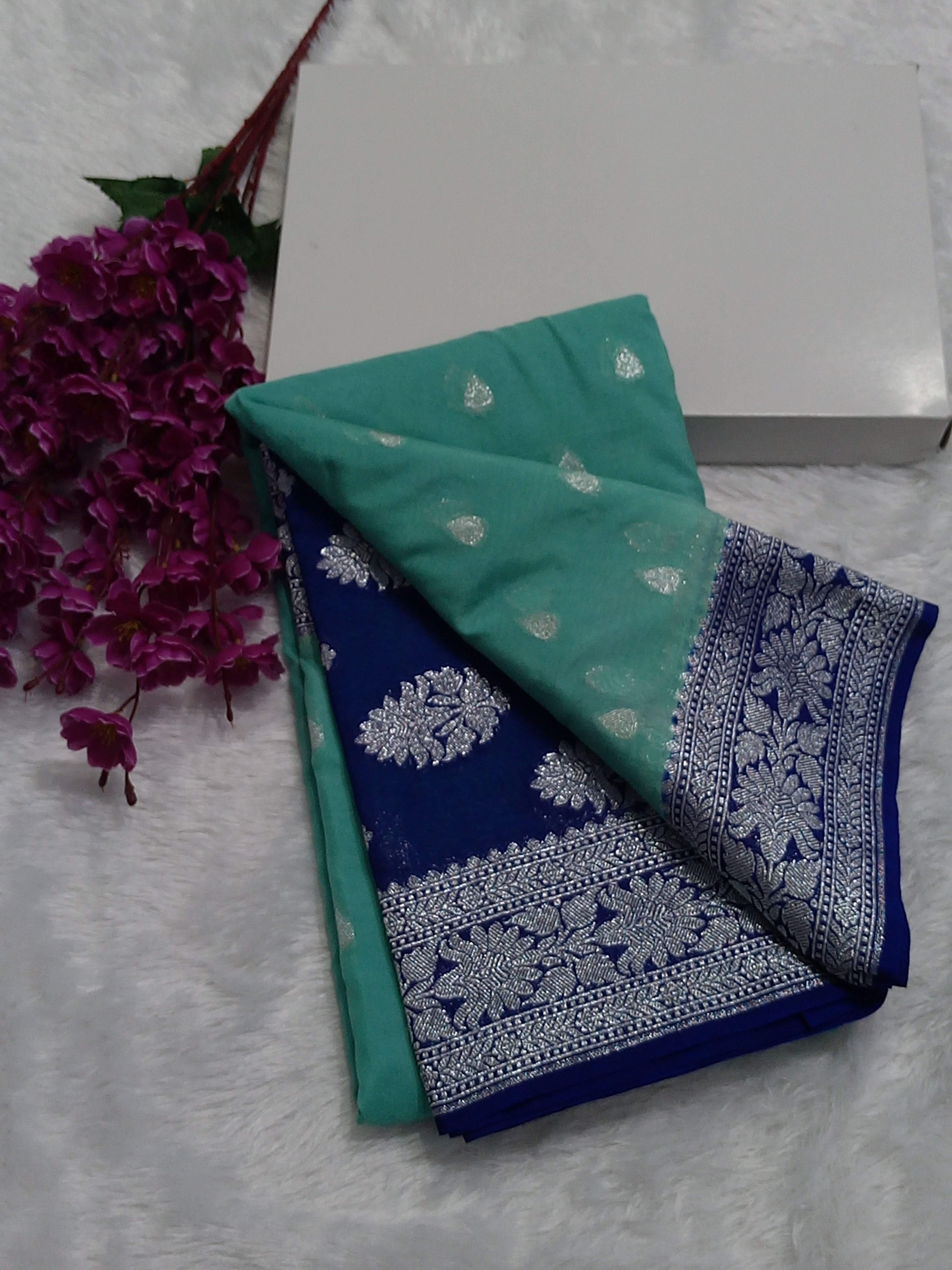 Sea Green And Blue Colour Zari Buti Khaddi Georgette Saree