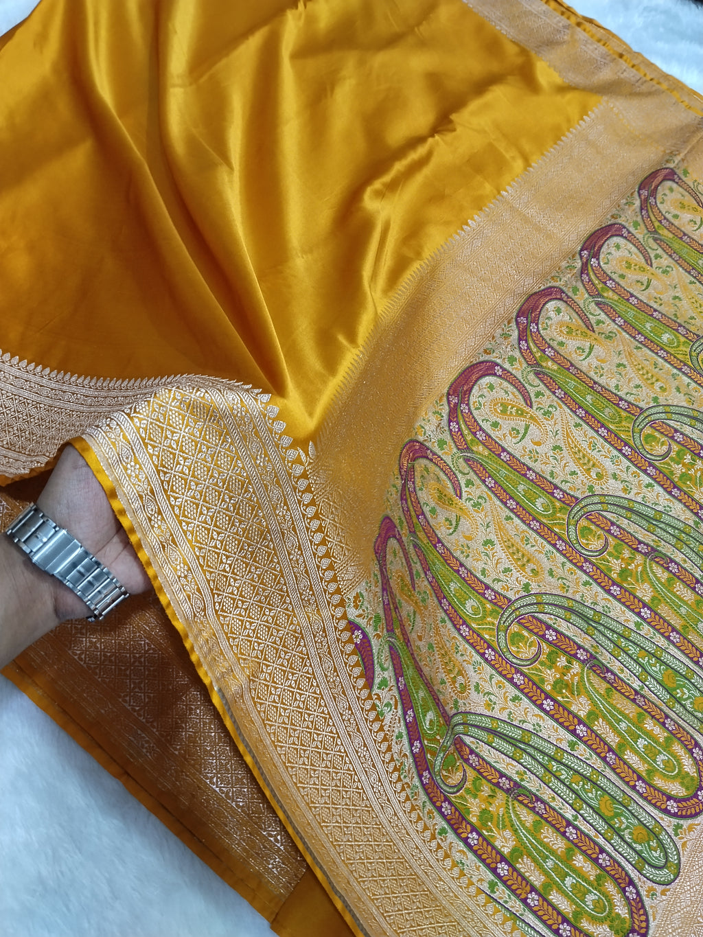 Mustard Yellow Colour Banarasi Pain Mashru Katan Silk Saree With Fancy Pallu
