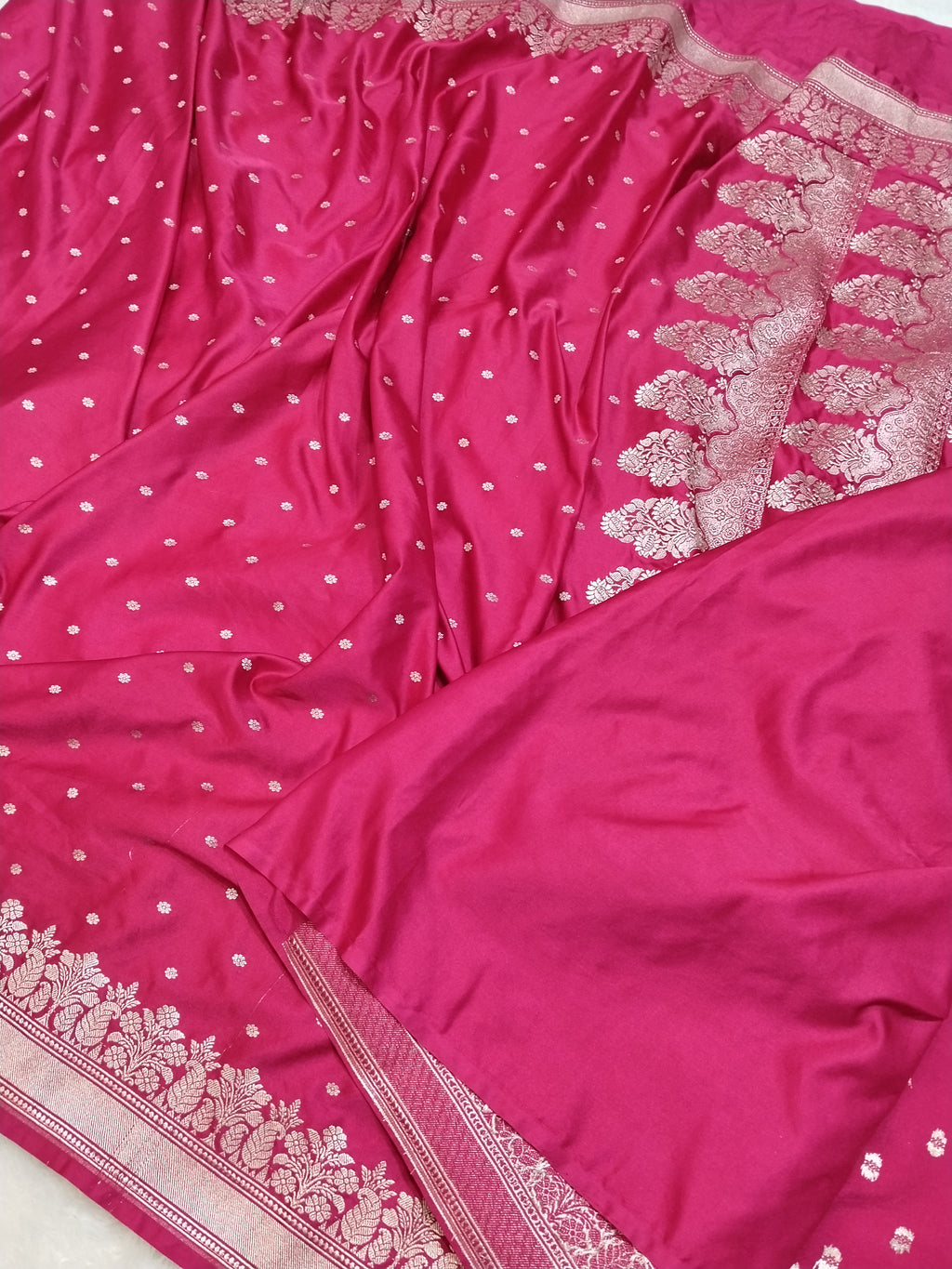 Solid Pink Colour Banarasi Mashru Silk Saree With Temple Border