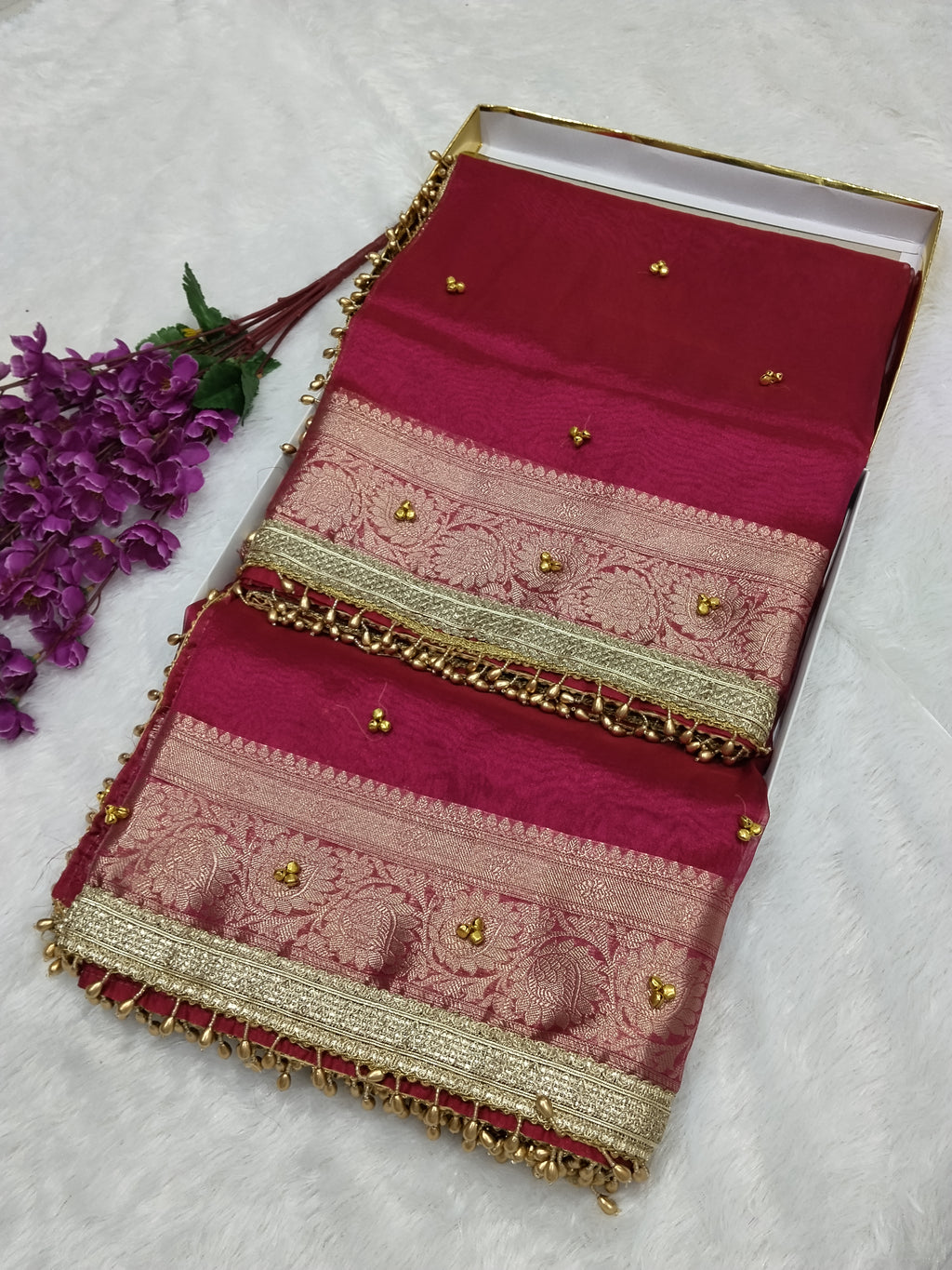 Viral Ghungroo Saree Gulabi Pink Colour Tissue Plain Body Saree With Ghungroo And Gota Patti Work